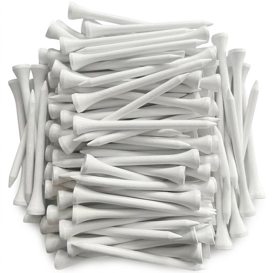 Grote stapel witte houten golftees van 3-1/8 inch met een gladde afwerking.