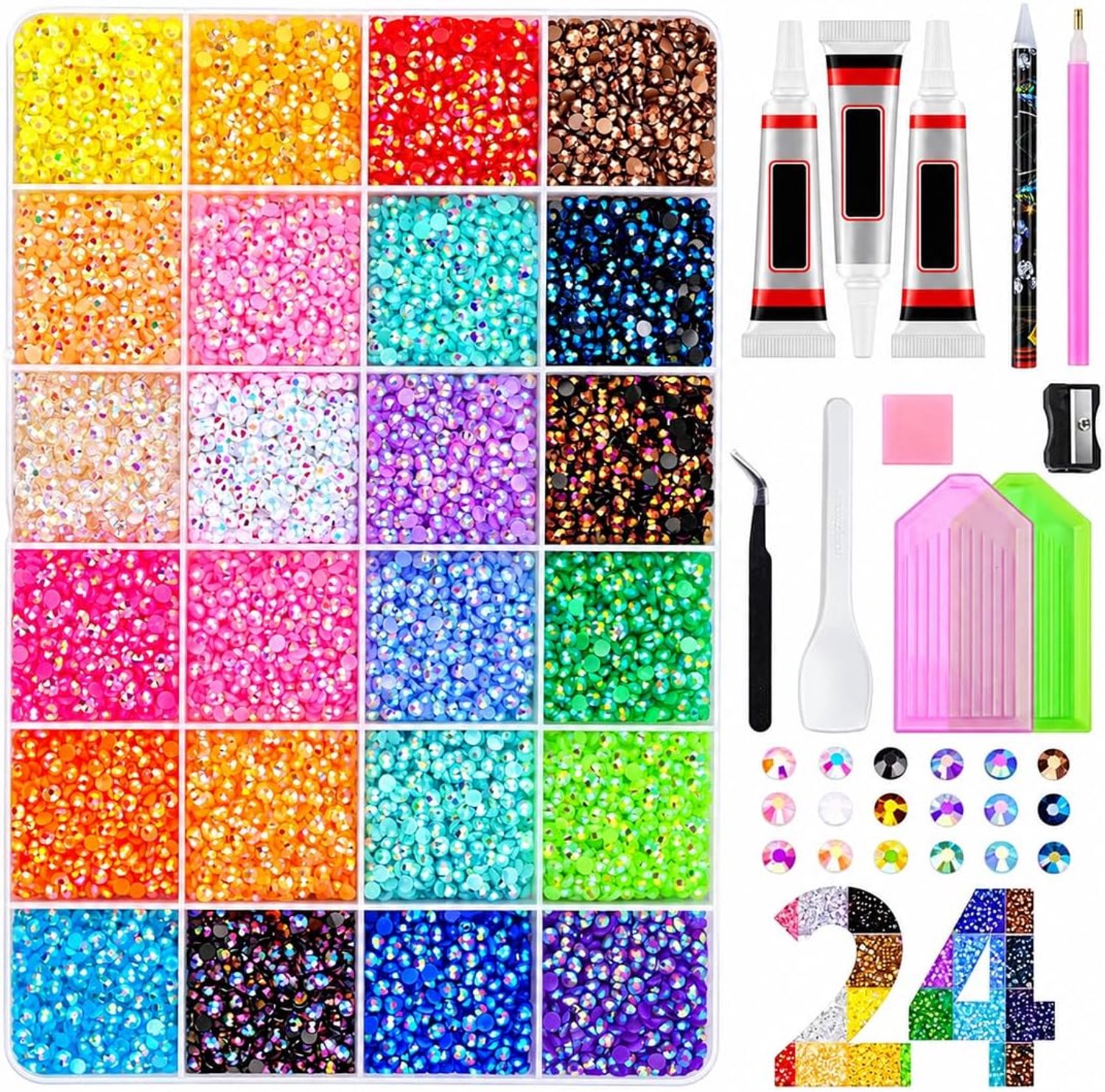 Strass Steentjes van Hars, 24 Kleuren, 3 mm, met Gereedschap