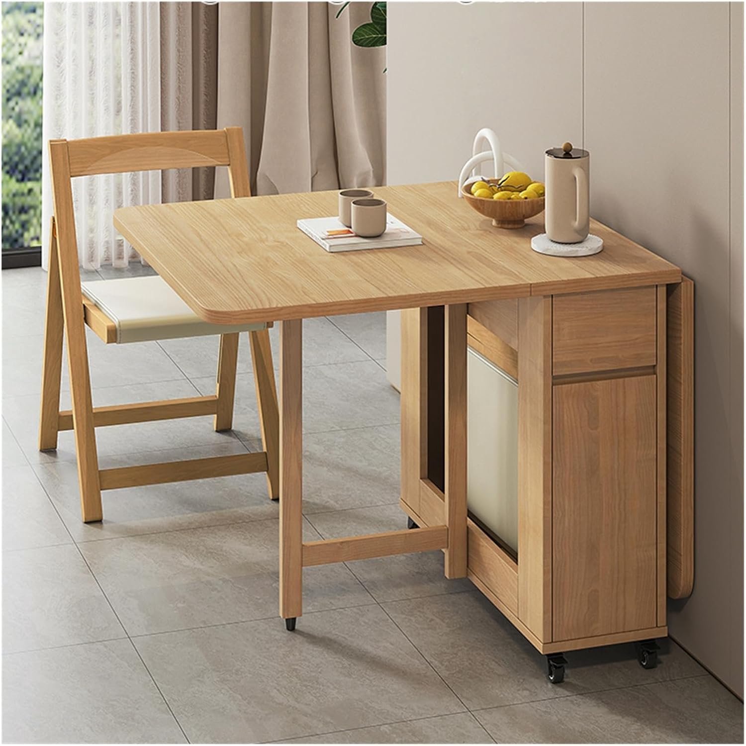 Eettafelset met 4/6 stoelen, opvouwbare tafel met neerklapbaar blad, ergonomische studeertafel met 4/6 stapelbare stoelen for keuken, eetkamer of restaurant(Wood)
