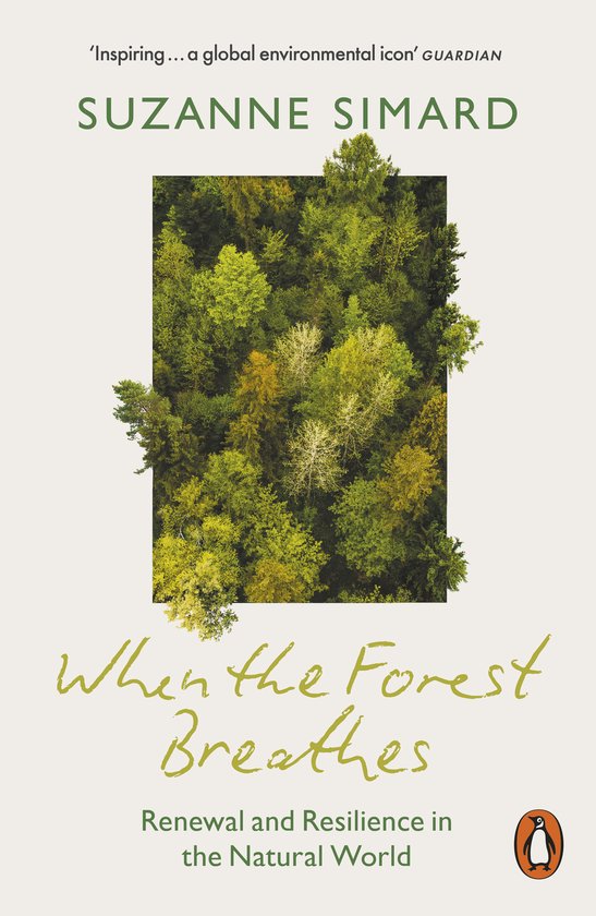 Boekomslag met een bovenaanzicht van groen bos en tekst 'When the Forest Breathes' door Suzanne Simard.
