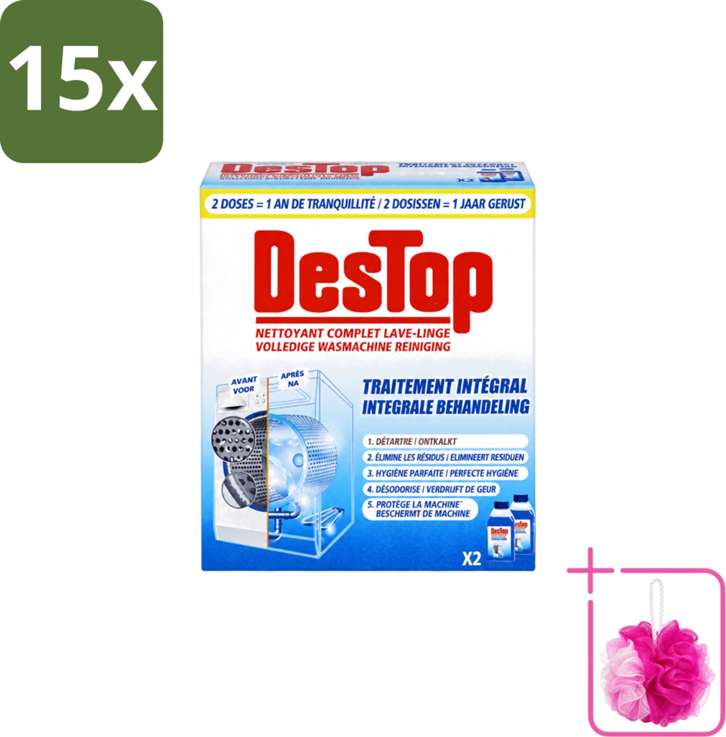 15 x Destop - Wasmachine reiniger - Integrale Behandeling - Duopack - Bulkverpakking - Wasmachine reiniger - Douchemop - Kalk verwijderen