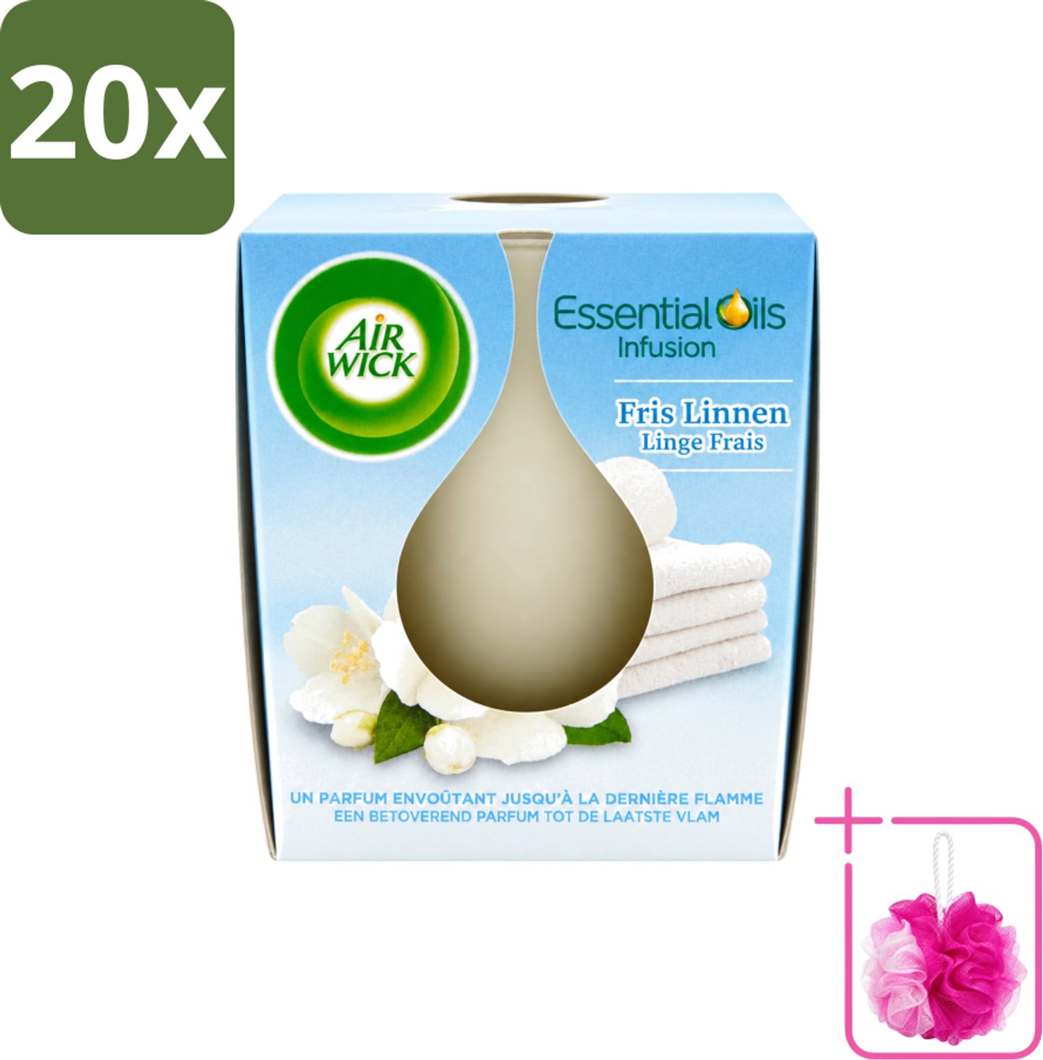 Air Wick 20 x Air Wick – Geurkaars – Fris Linnen met Essentiële Oliën – 105 g - Bulkverpakking - Geurkaars - Douchemop - Fris linnen Wit