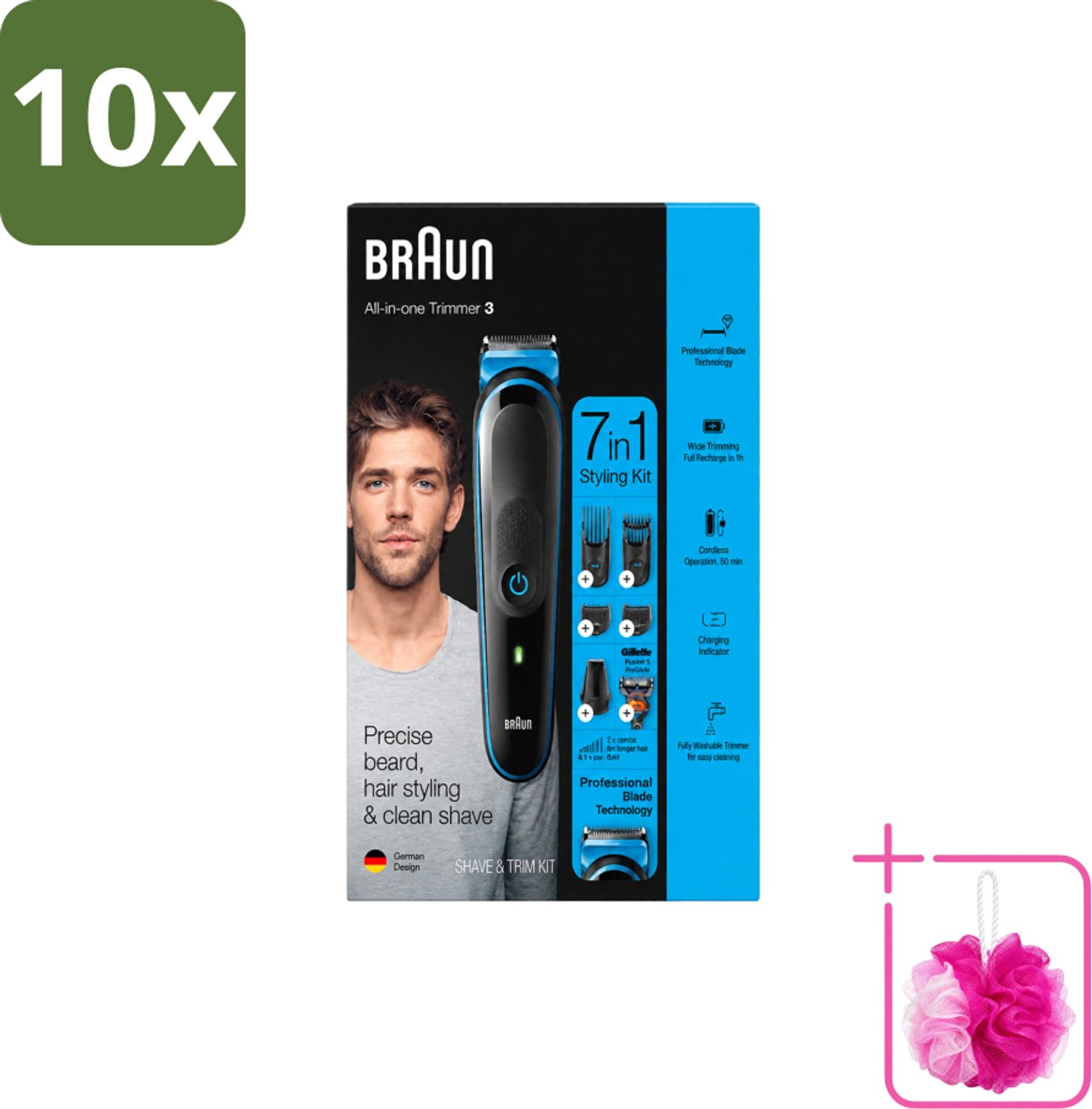 10 x Braun - Trimset - 7-in-1 - 1 Trim Apparaat - 6 Opzetstukken - Bulkverpakking - Baard trimmer - Douchemop - Gezichtshaar trimmer