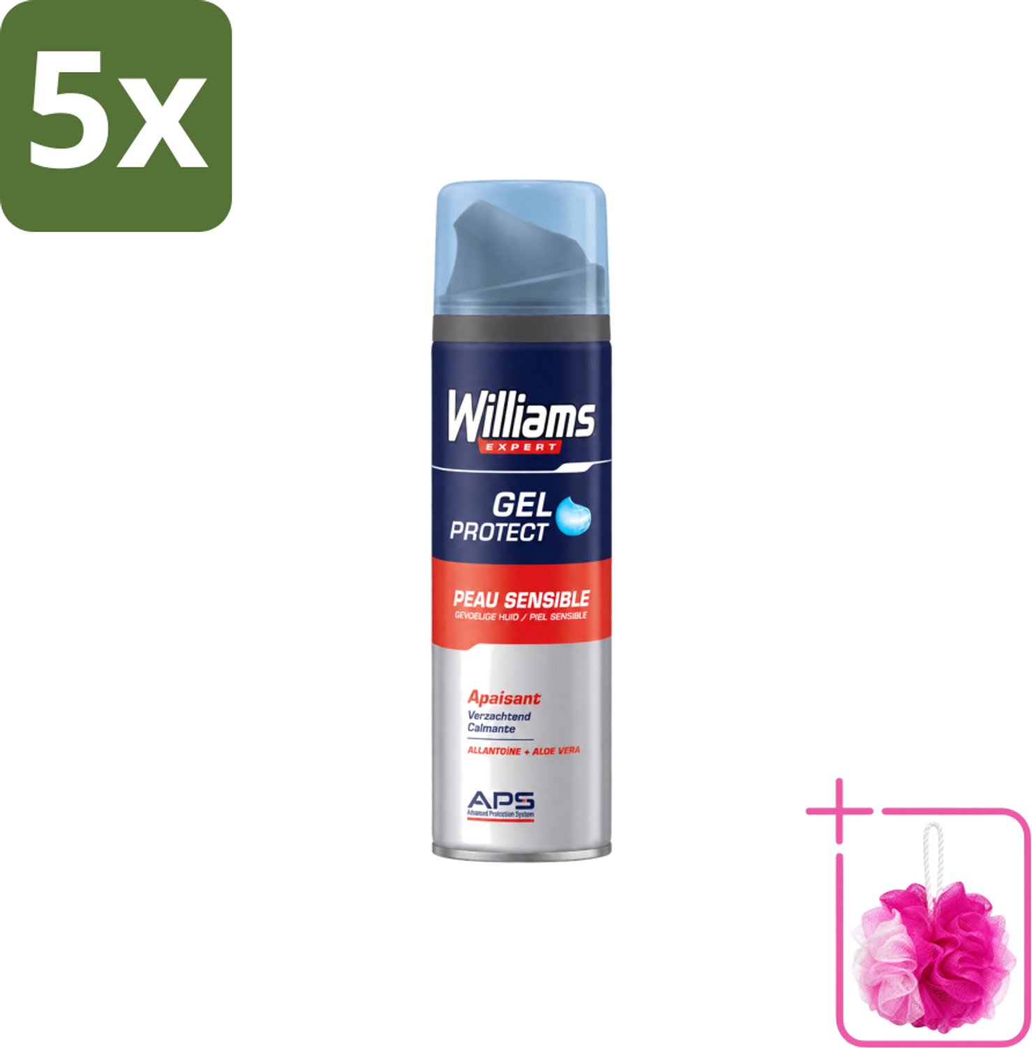 5 x Williams - Expert - Scheergel - Gevoelige Huid- 200 ml - Bulkverpakking - Scheergel voor gevoelige huid - Douchemop - Gevoelige huid scheerproducten