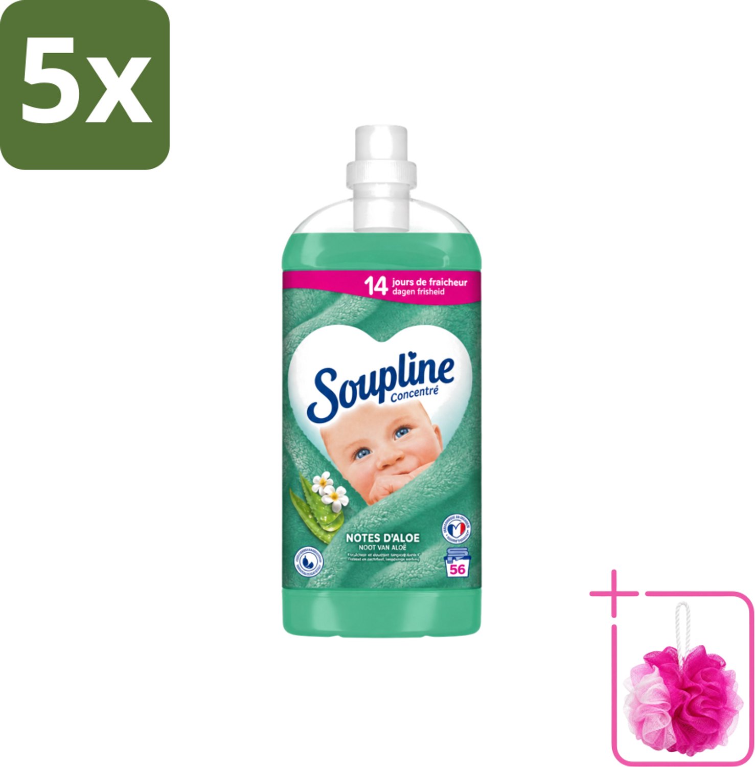 5 x Soupline - Wasverzachter - Aloë Vera - 56 Wasbeurten - 1.3L - Bulkverpakking - Wasverzachter aloë vera - Douchemop - Frisse geur