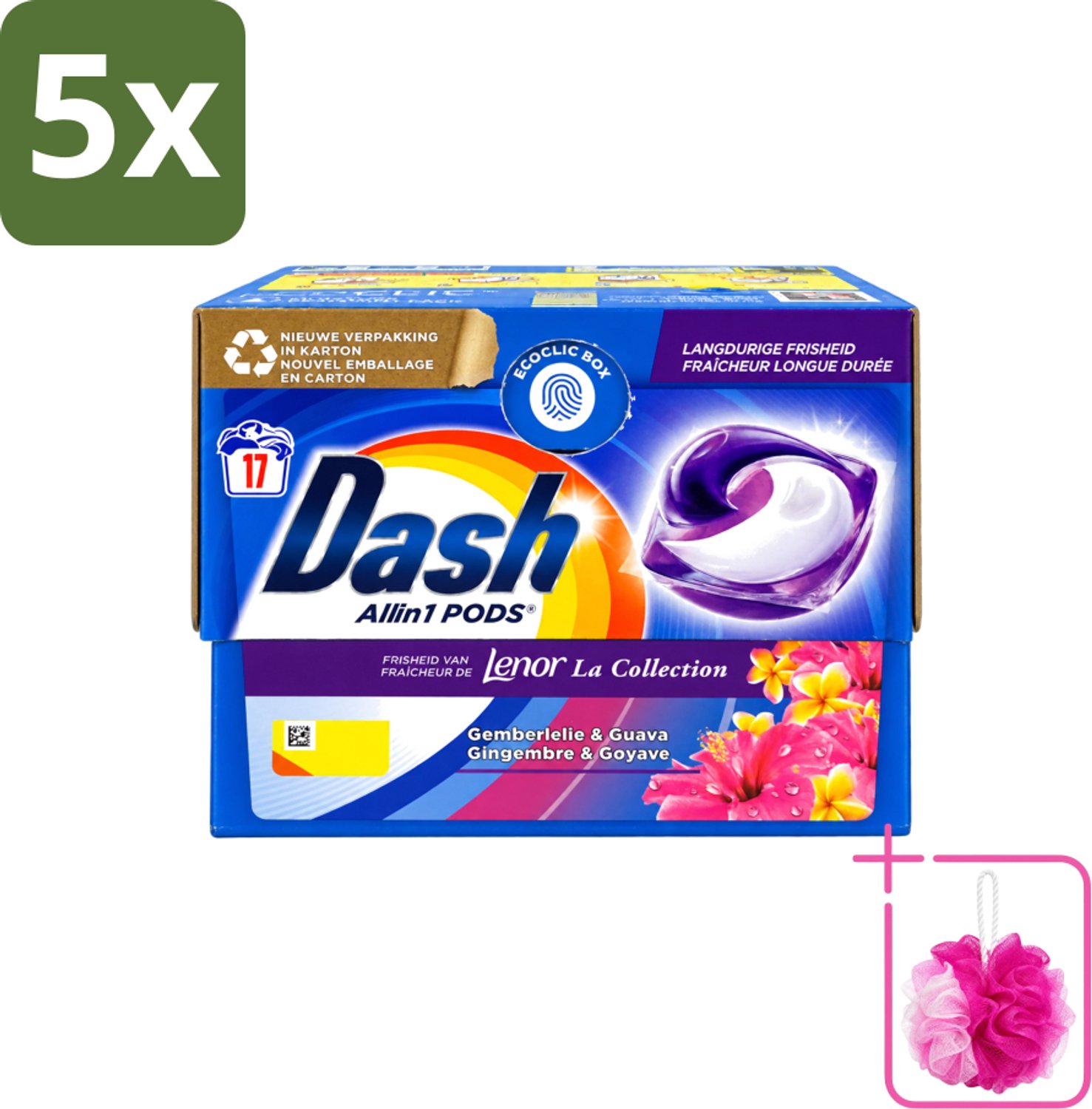 5 x Dash - Lenor Collectie - Wasmiddel Capsules - All-in-1 Pods - Witte en Gekleurde Was - Gemberlelie & Guava - 17 Wasbeurten - Bulkverpakking - Wasmiddel capsules - Douchemop - Wasmiddel pod
