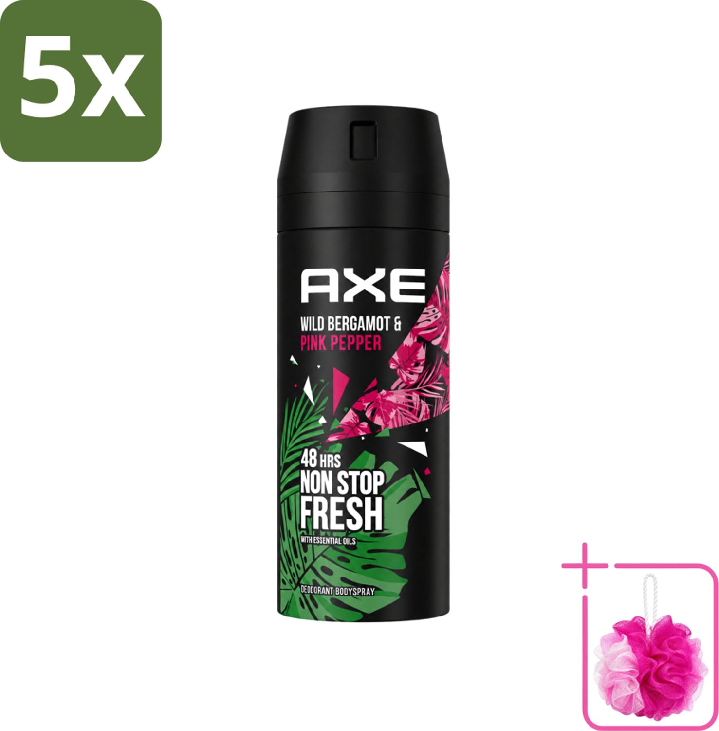 5 x Axe - Deodorant Bodyspray - 48hrs Fresh - Wild Bergamot & Pink Pepper - 150 ml - Bulkverpakking - 48 uur bescherming - Douchemop - Zweetbestendig