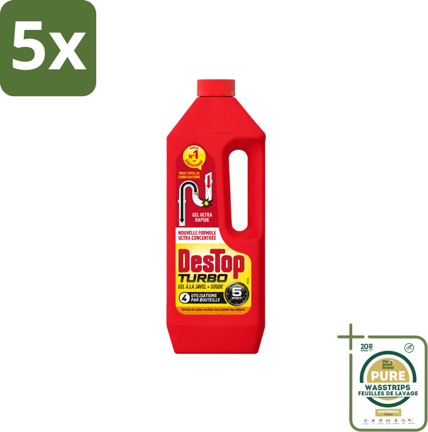 5 x Destop - Ontstopper - Turbo Gel - 1 L - Wasstrips - Ontstoppen - Afvoer - Verstopping - Ontstopmiddel - Afvoerleiding