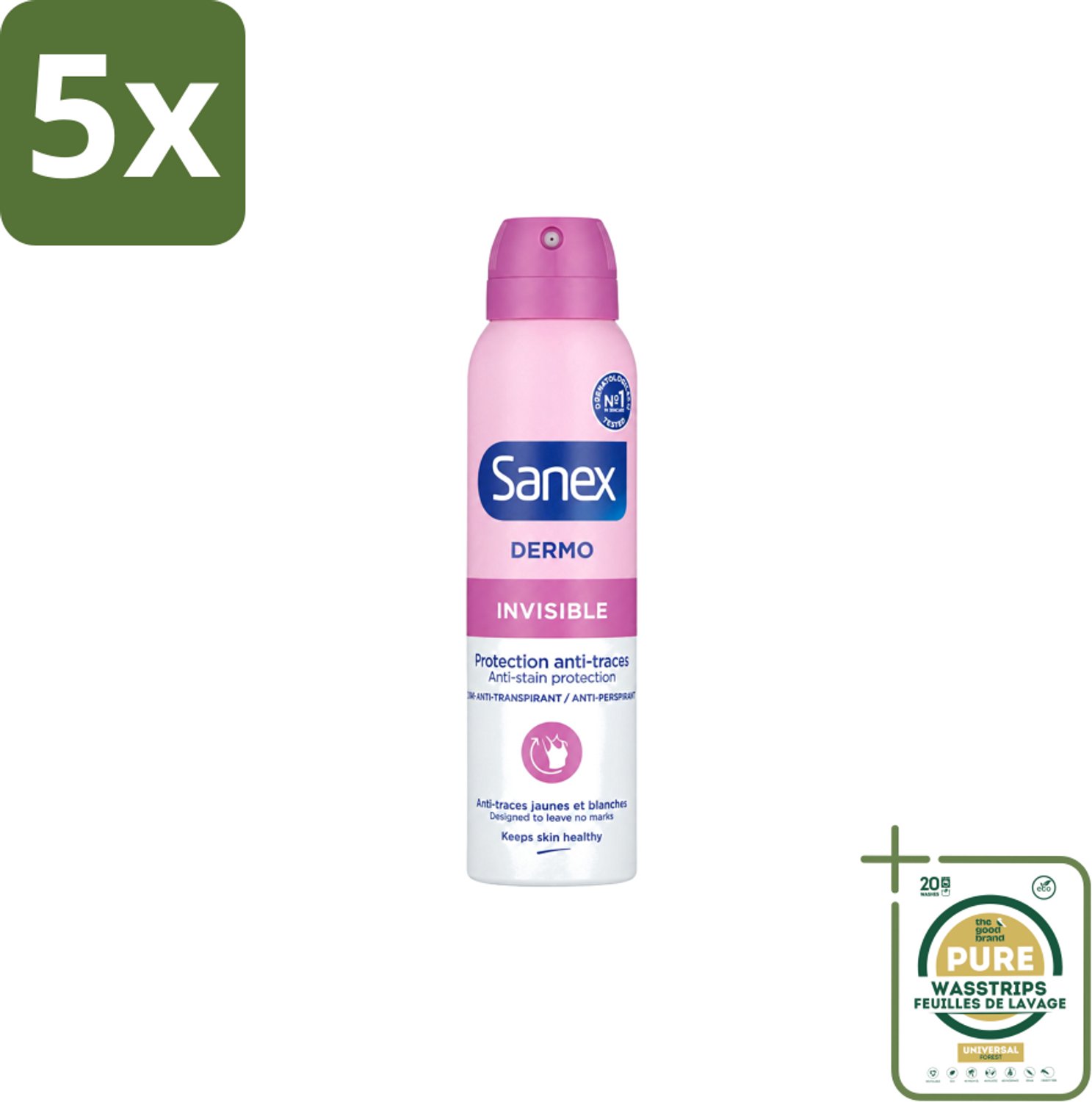 5 x Sanex – Deodorant Spray – Dermo Invisible – 150 ml - Wasstrips - Onzezichtbare Deodorant - Deodorant Spray - Transpiratieregulatie - Huidbescherming - Strepenvoorkomend