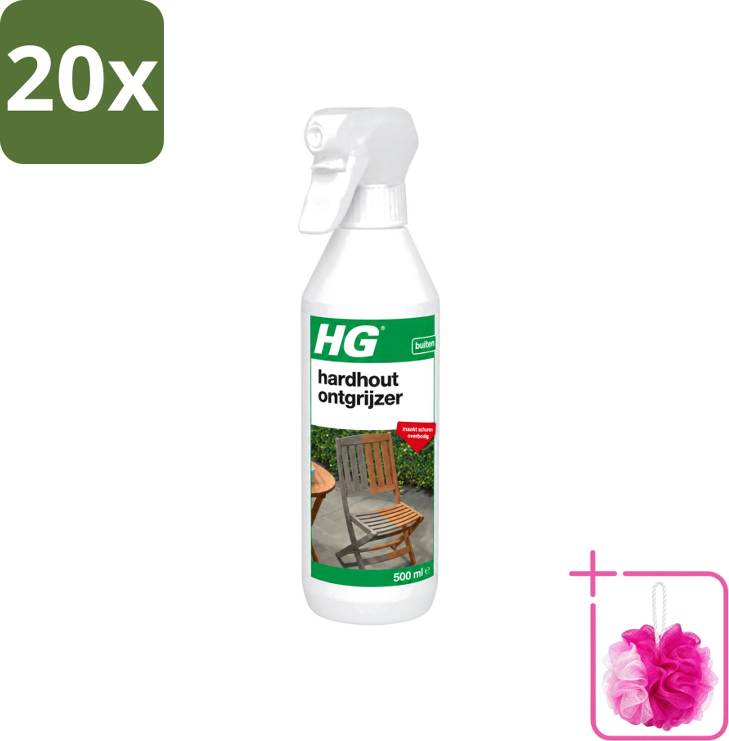 20 x HG - Buiten - Hardhout Ontgrijzer - Maakt Schuren Overbodig - 500 ml - Bulkverpakking - Hardhout ontgrijzen - Douchemop - Tuinmeubel reinigen
