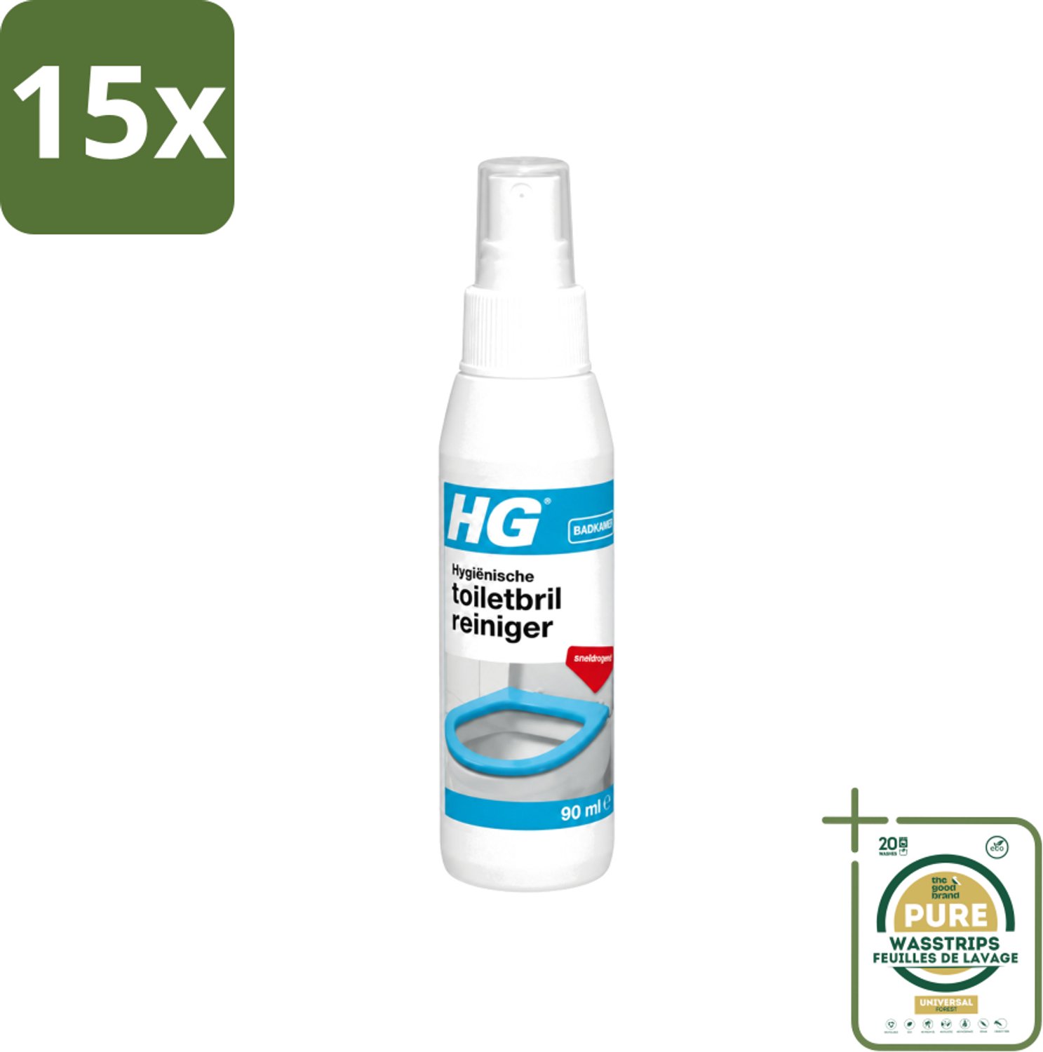 15 x HG - Badkamer - Hygiënische Toiletbrilreiniger - Sneldrogend - 90 ml - Wasstrips - Toiletbril Reinigen - Hygiënische Toiletbril Reiniger - Sneldrogende Toiletbril Reiniger - Toiletbril Schoonmaken - Toiletbril Reinigen Snel