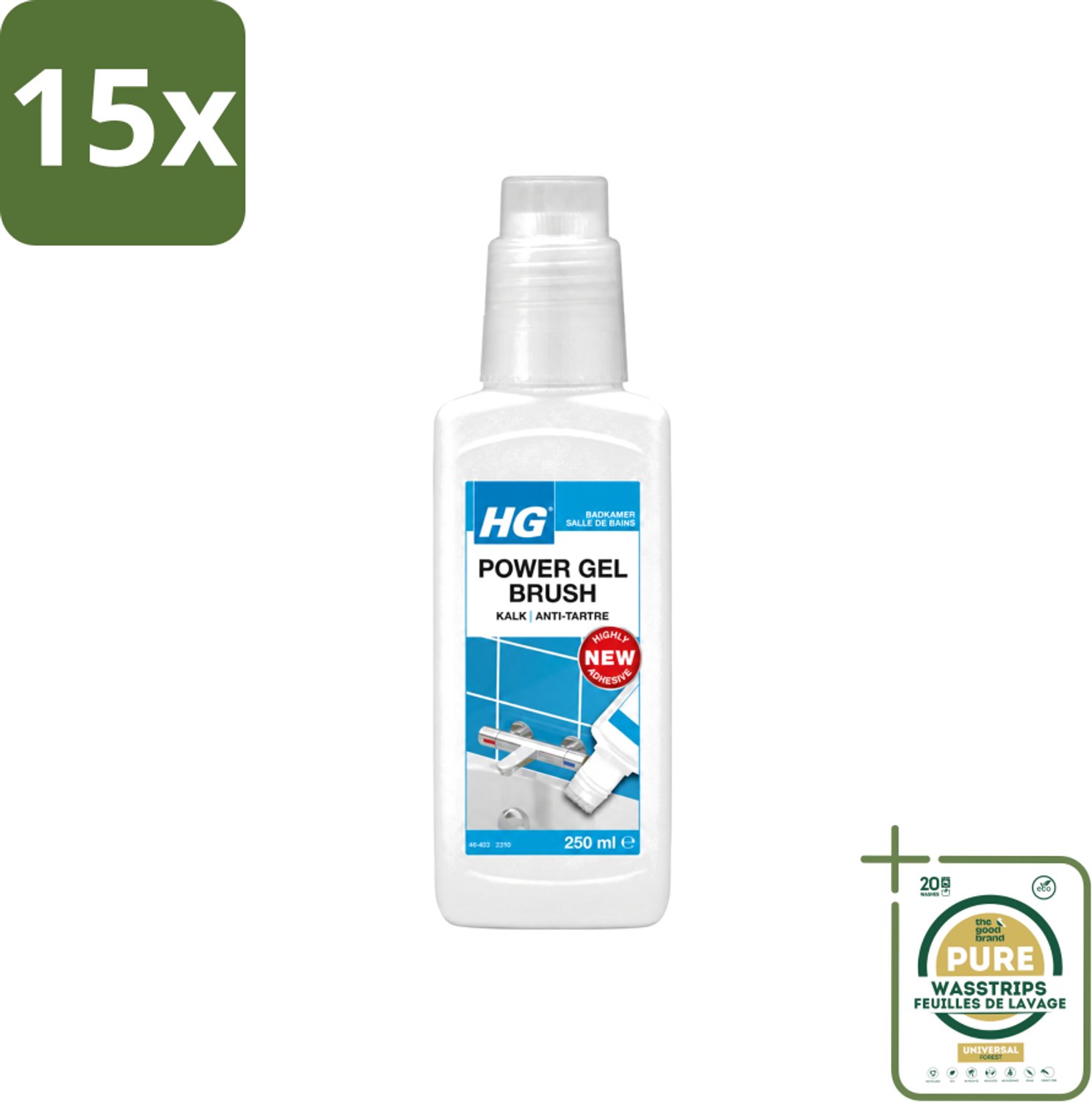 15 x HG - Badkamer - Power Gel Brush - Kalk - Agressief - 250 ml - Wasstrips - Kalk Verwijderen - Badkamer Schoonmaken - Kalk Oplossen - Douchewand Reinigen - Kraan Reinigen