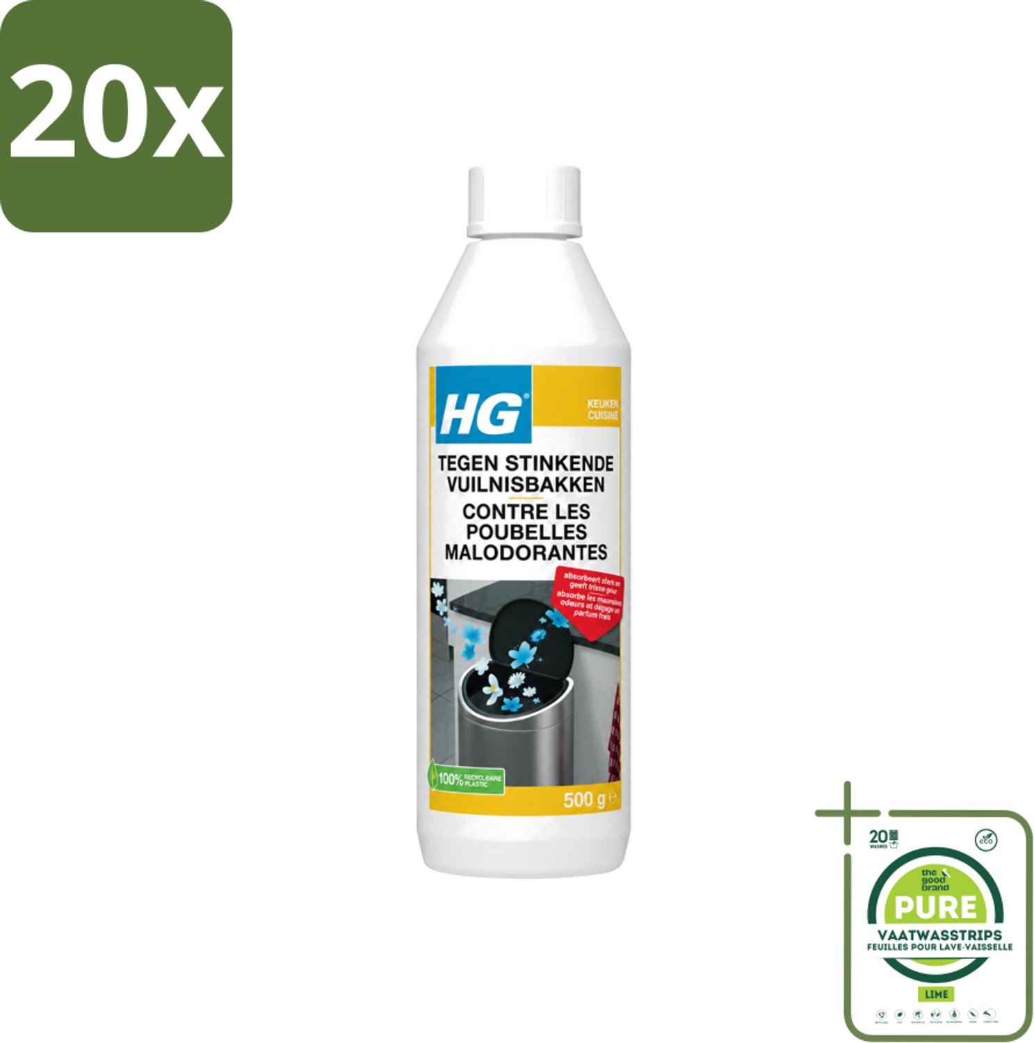 20 x HG - Tegen Stinkende Vuilnisbakken - Neutraliseert Geuren - 500 g - Grootverpakking - Vaatwasstrips - Stinkende Vuilnisbakken - Geurneutraliseren - Afvalgeuren - Vuilnisbak Geuren - Afvalcontainer Geuren