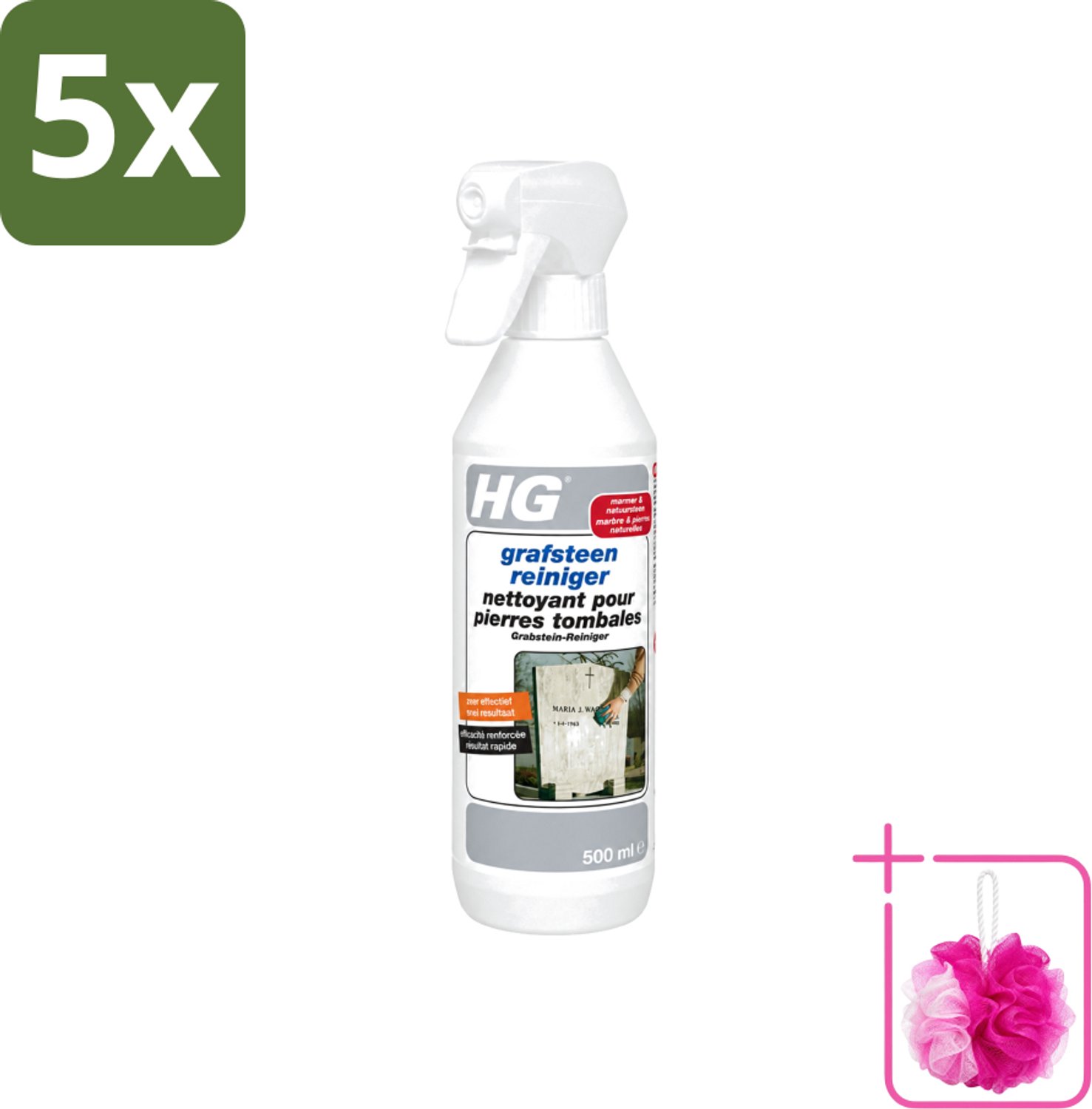5 x HG - Grafsteenreiniger - Beschermt & Reinigt - 500 ml - Bulkverpakking - Grafsteen reinigen - Douchemop - Natuursteen reinigen