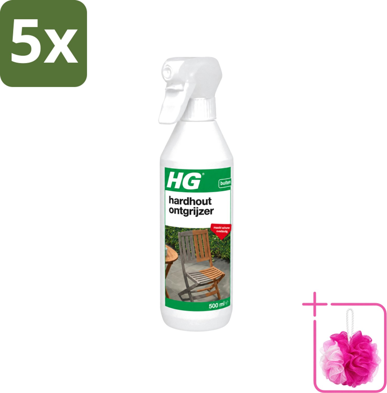 5 x HG - Buiten - Hardhout Ontgrijzer - Maakt Schuren Overbodig - 500 ml - Bulkverpakking - Hardhout ontgrijzen - Douchemop - Tuinmeubel reinigen