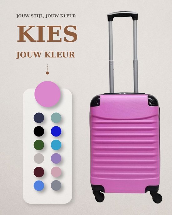 Roze koffer naast een kleurenkaart, met de tekst 'Kies jouw kleur'.