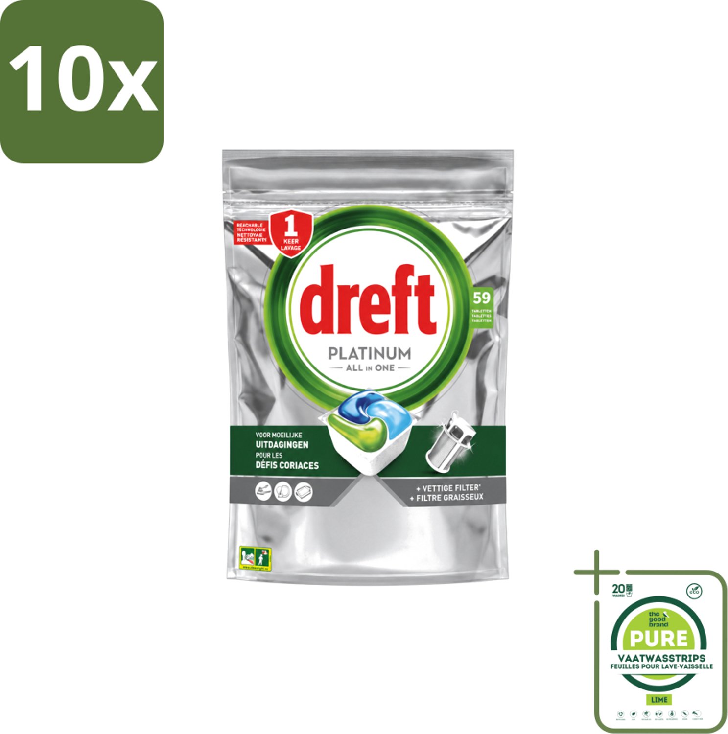 10 x Dreft – Vaatwastabletten – Platinum All-in-One Original – 59 Tabletten - Grootverpakking - Vaatwasstrips - Vaatwastabletten - Vaatwasser - Reiniging - Ontvetting - Zout