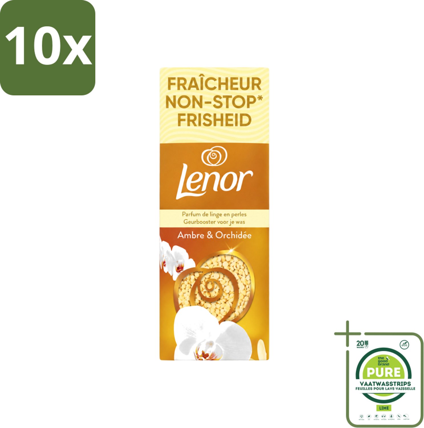10 x Lenor – Geurbooster – Amber & Orchidee – 12 Wasbeurten – 155 g - Grootverpakking - Vaatwasstrips - Geurparels - Wasgeur - Luxegeur - Orchidee - Vanille