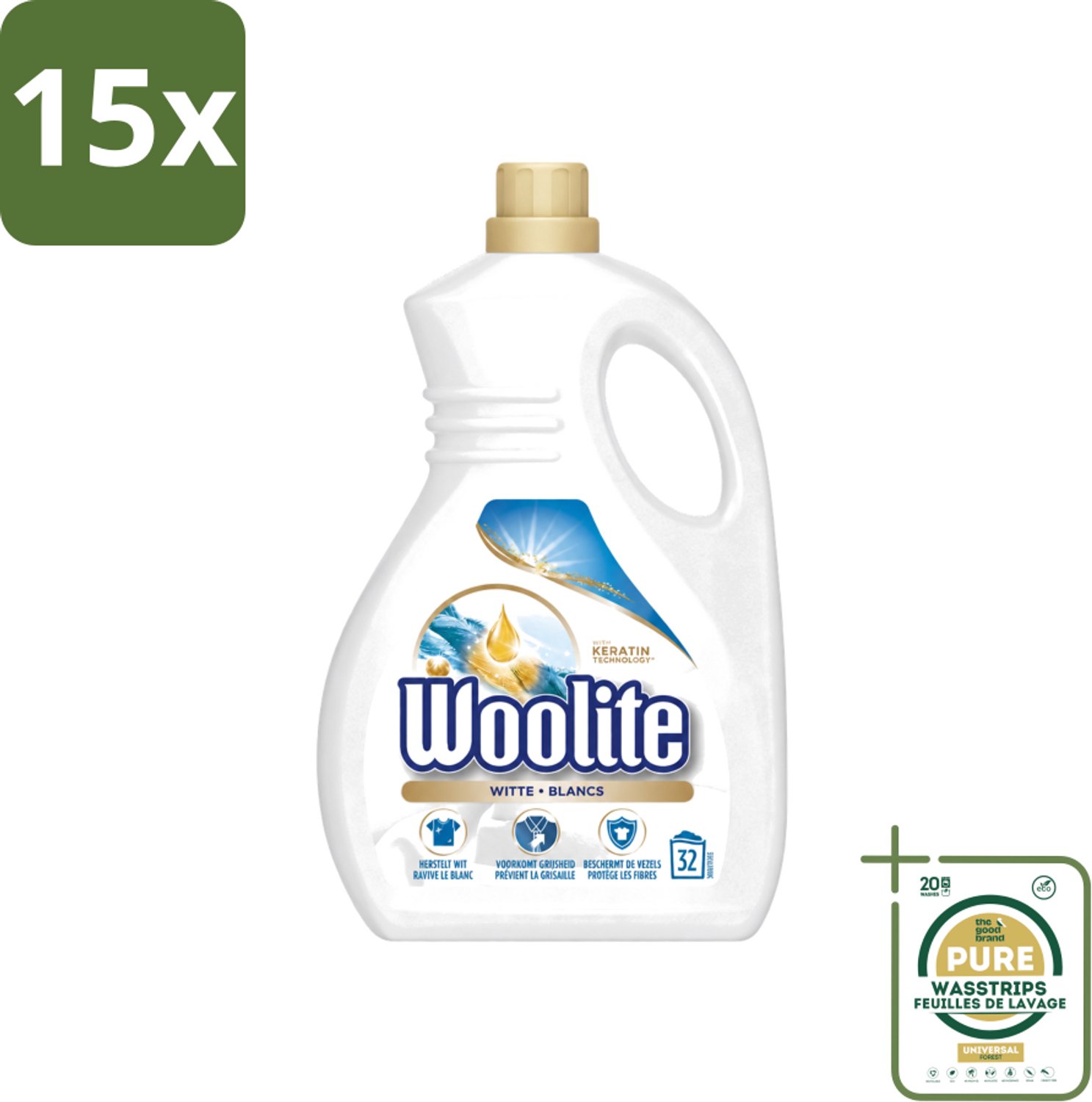 15 x Woolite White - Vloeibaar Wasmiddel - Met Keratine - Witte Was - 32 Wasbeurten - 1,9L - Wasstrips - Wasmiddel Wit - Keratine Wasmiddel - Witte Was - Witte Kleding - Wasbeurten