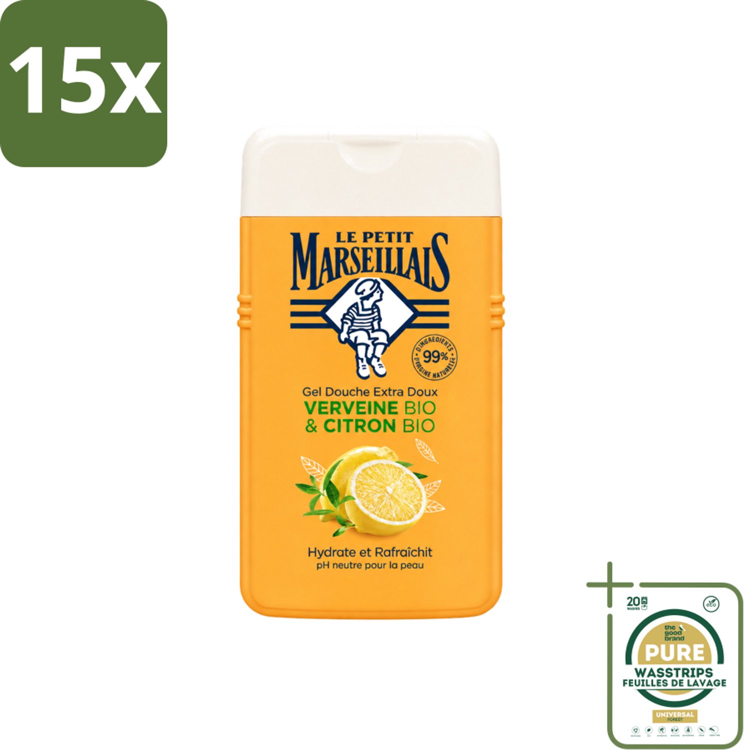 15 x Le Petit Marseillais - Douchegel - Citroen & Verbena - Hydraterend - 250ml - Wasstrips - Douchegel Citroen Verbena - Hydraterende Douchegel - Citroen En Verbena - Biologische Douchegel - Neutrale PH Douchegel
