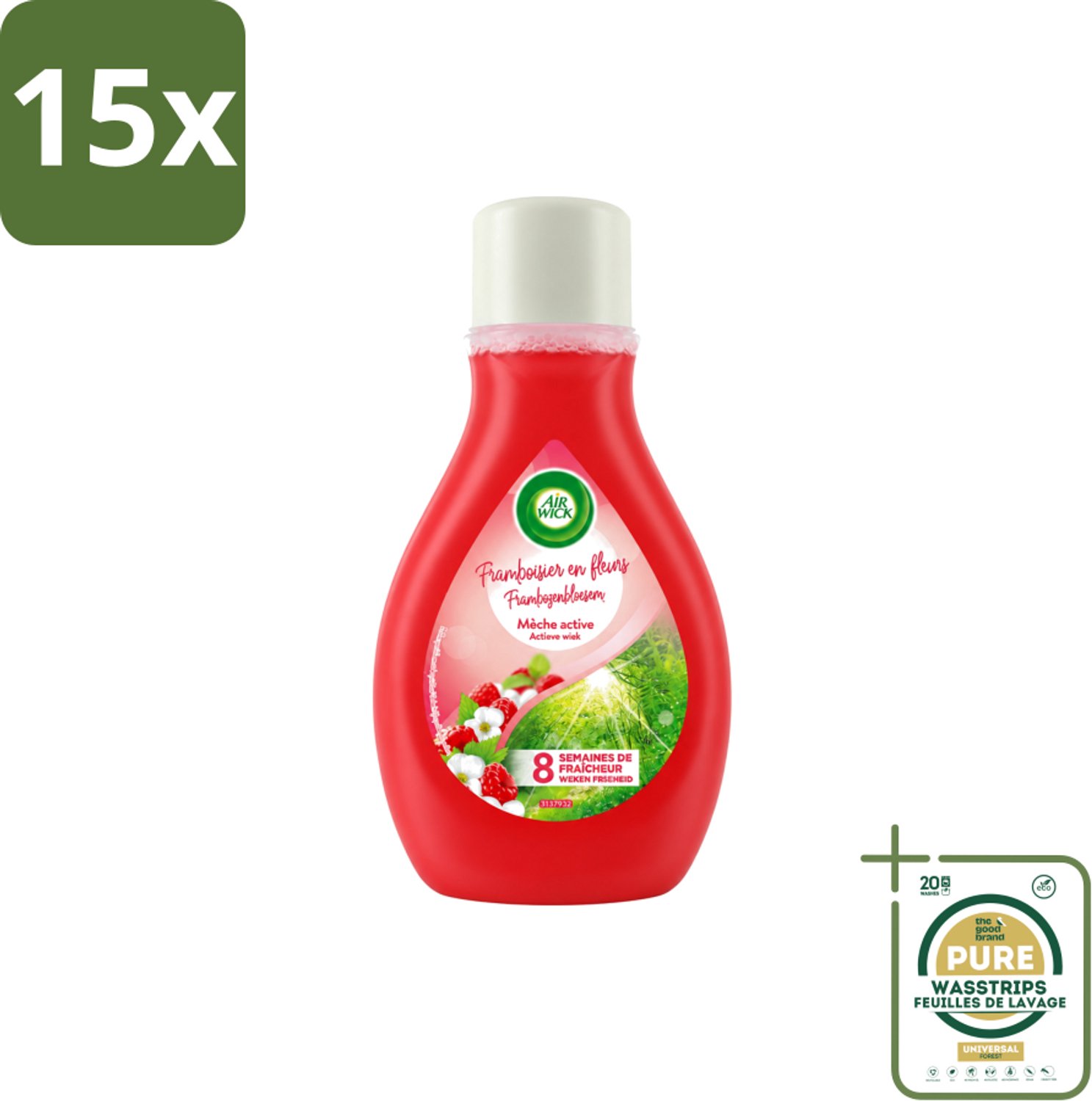 15 x Air Wick – Luchtverfrisser – Actieve Wiek Framboos & Bloesem – 375 ml - Wasstrips - Luchtverfrisser - Geur - Framboos En Bloesem - Actieve Wiek - Geurverspreiding