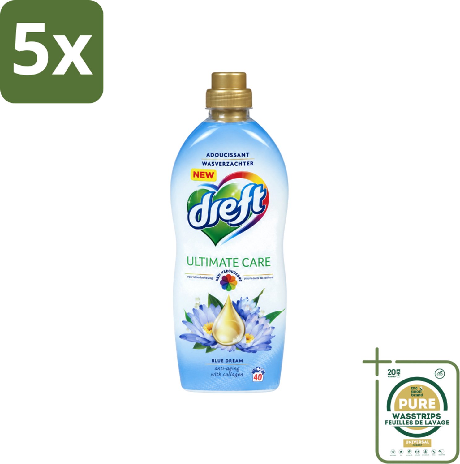 5 x Dreft - Wasverzachter - Gekleurde Was - Blauwe Droom - Anti-Veroudering - 40 Wasbeurten - Wasstrips - Wasverzachter - Anti-aging - Kleurbescherming - Wasgoed - Kleding Verzorging