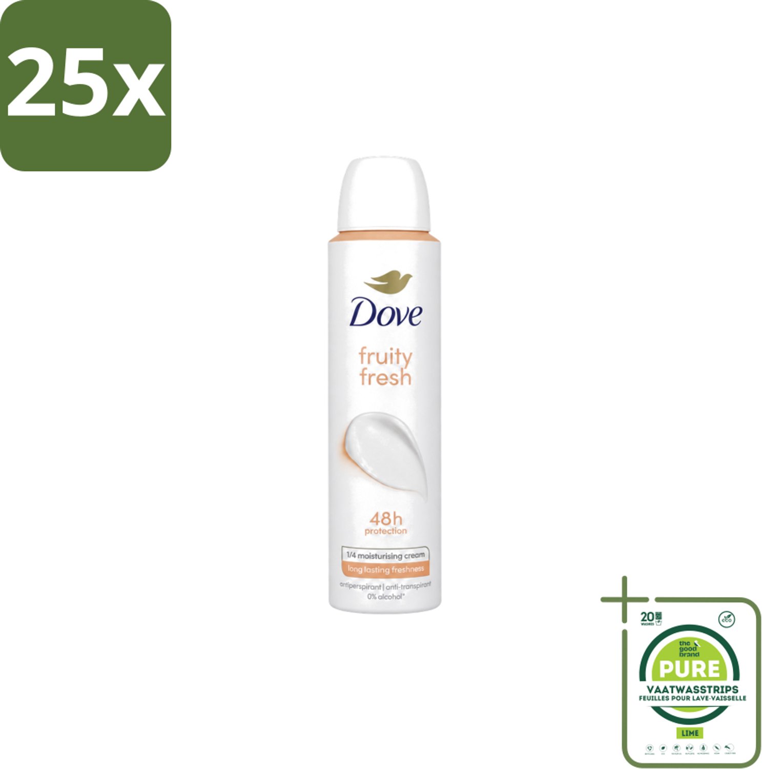 25 x Dove – Deodorant Spray – Fruity Fresh – 200 ml - Grootverpakking - Vaatwasstrips - Anti-transpirant Spray - Zweetgeur - Okselgeur - Fris - Fruitig