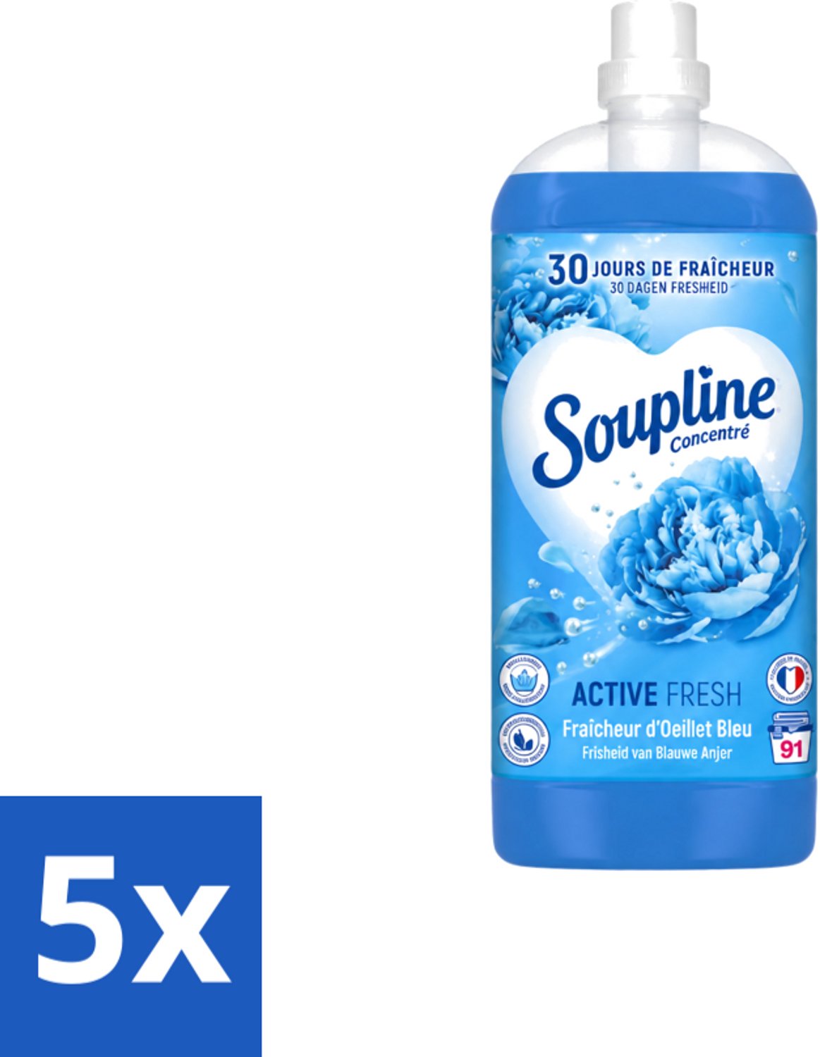 5 x Soupline – Wasverzachter – Active Fresh Frisheid van Blauwe Anjer – 2 L - Voordeelverpakking - 5 stuks