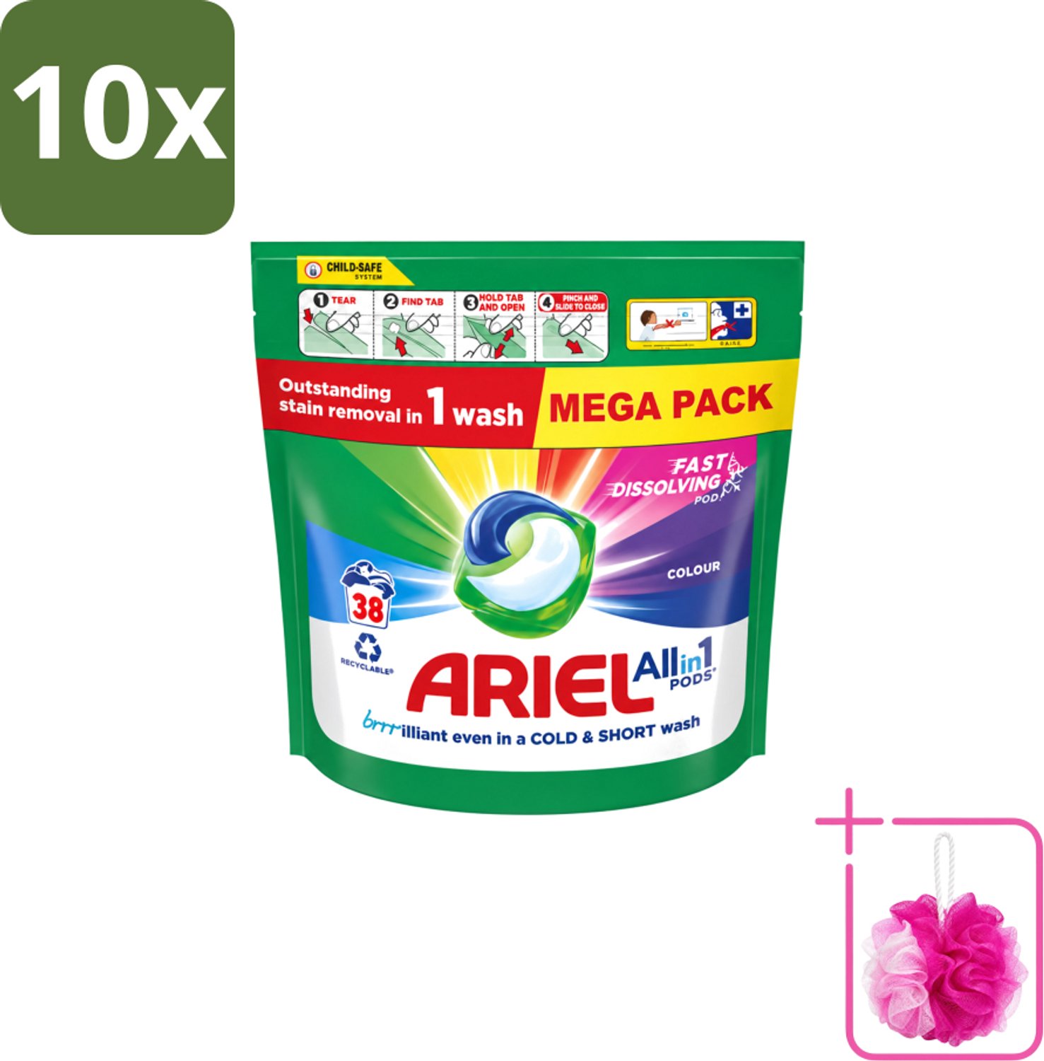 10 x Ariel – Pods All-in-1 – Color – 38 wasbeurten - Bulkverpakking - Kleurbehoud wasmiddel - Douchemop - Gekleurde was