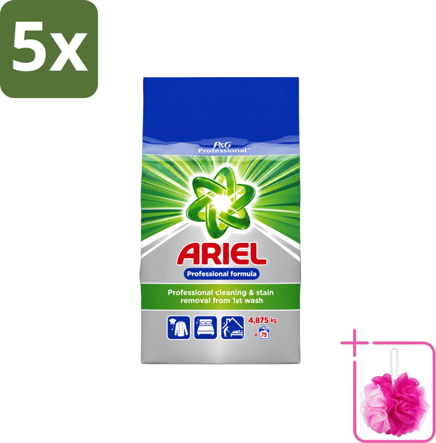 5 x Ariel – Waspoeder Professional – Original – 4,8 kg – 75 wasbeurten - Bulkverpakking - Ariel Professional Waspoeder - Douchemop - 4.8 kg Waspoeder