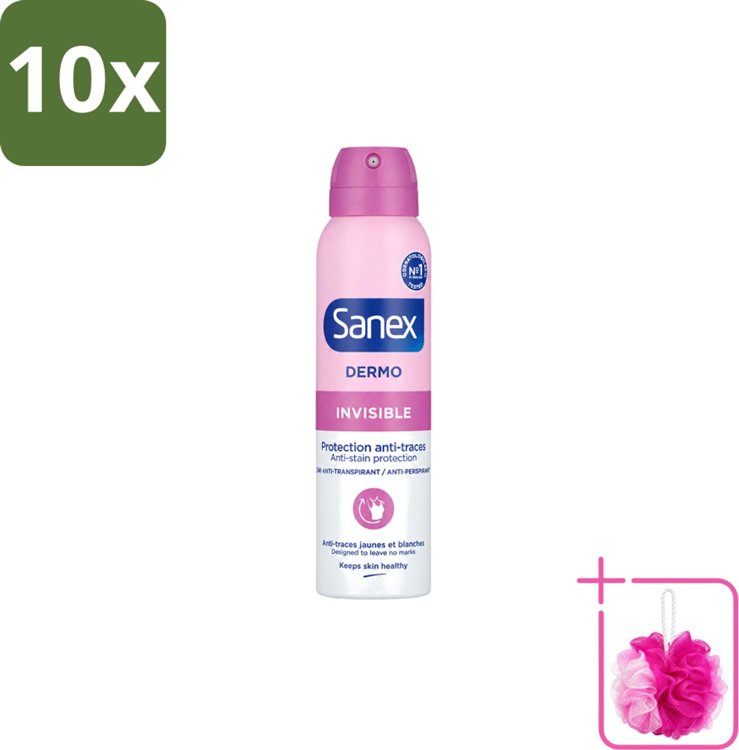 10 x Sanex – Deodorant Spray – Dermo Invisible – 150 ml - Bulkverpakking - Onzezichtbare deodorant - Douchemop - Deodorant spray