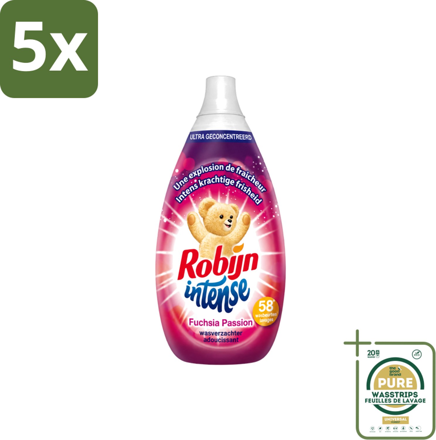5 x Robijn Intense - Wasverzachter - Intense Fuchsia Passion - 870ml - 58 Wasbeurten - Wasstrips - Wasverzachter - Wasverzachter Fuchsia Passion - Wasverzachter Robijn Intense - Wasverzachter Fuchsia - Wasverzachter Voor Kleding