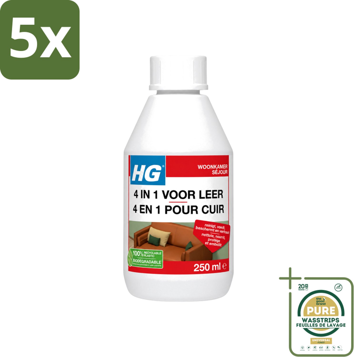 5 x HG - 4 In 1 Voor Leer - Beschermt, Voedt, Verfraait & Reinigt - 250 ml - Wasstrips - Leer Reinigen - Leer Voeden - Leer Beschermen - Leer Verfraaien - Leer Verkleuren