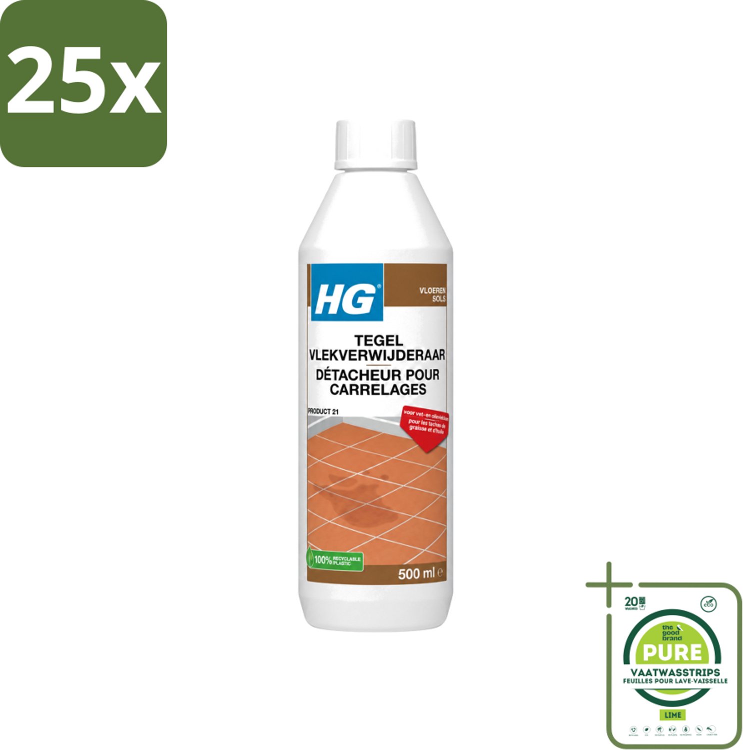 25 x HG - Vloeren - Tegel Vlekverwijderaar - Voor Vet & Olievlekken - 500 ml - Grootverpakking - Vaatwasstrips - Vlekverwijderaar Tegel - Vetvlek Verwijderen - Olievlek Verwijderen - Vloer Reinigen - Vlekken Verwijderen