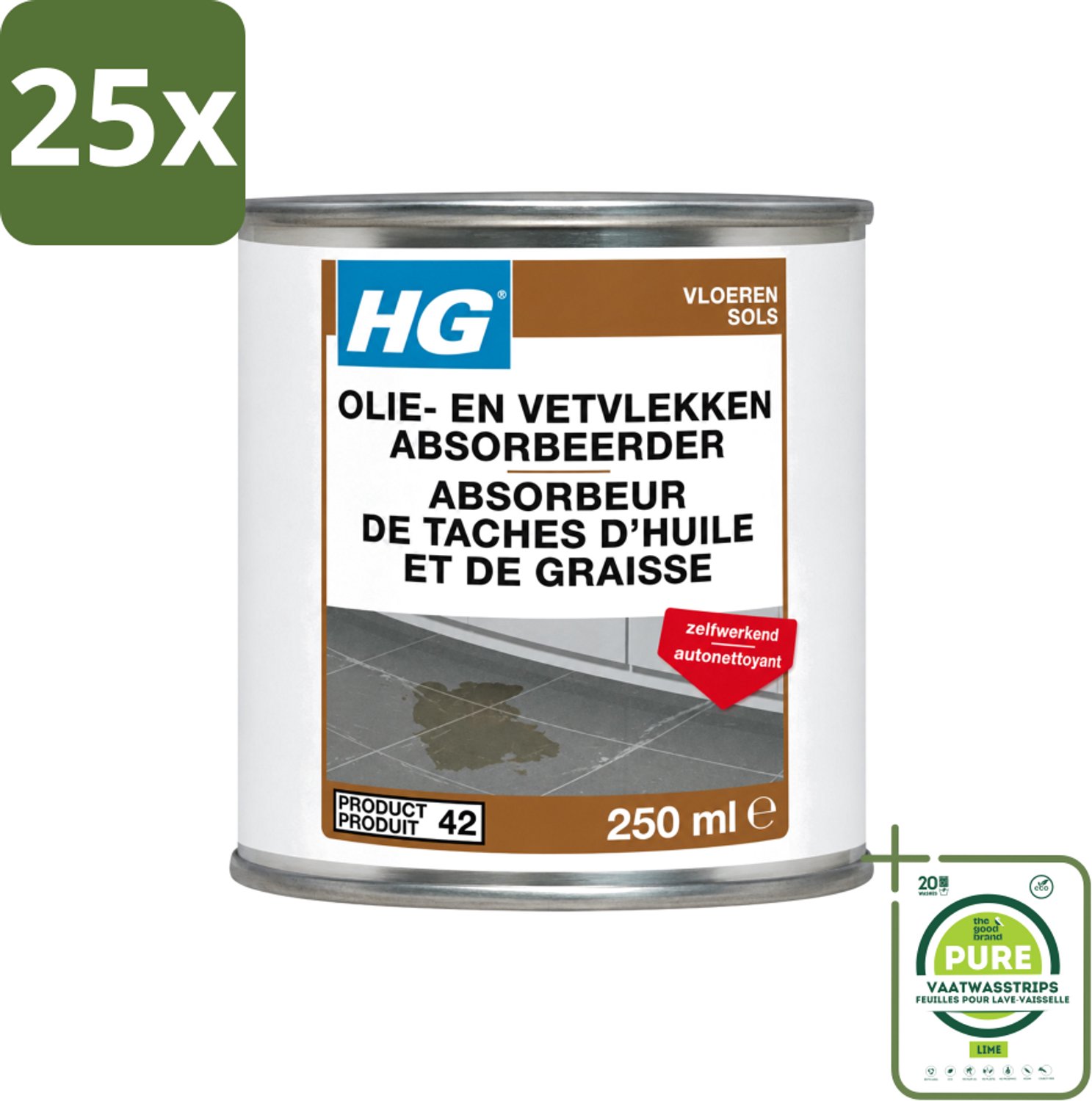 25 x HG - Tegel- & Natuursteen - Olie & Vetvlekken Absorbeerder - Zelfwerkend - 250 ml - Grootverpakking - Vaatwasstrips - Olie En Vetvlekken Absorberen - Natuursteen Vlekken Verwijderen - Vlekken Op Beton - Vlekken Op Cement - Vlekken Op Marmer