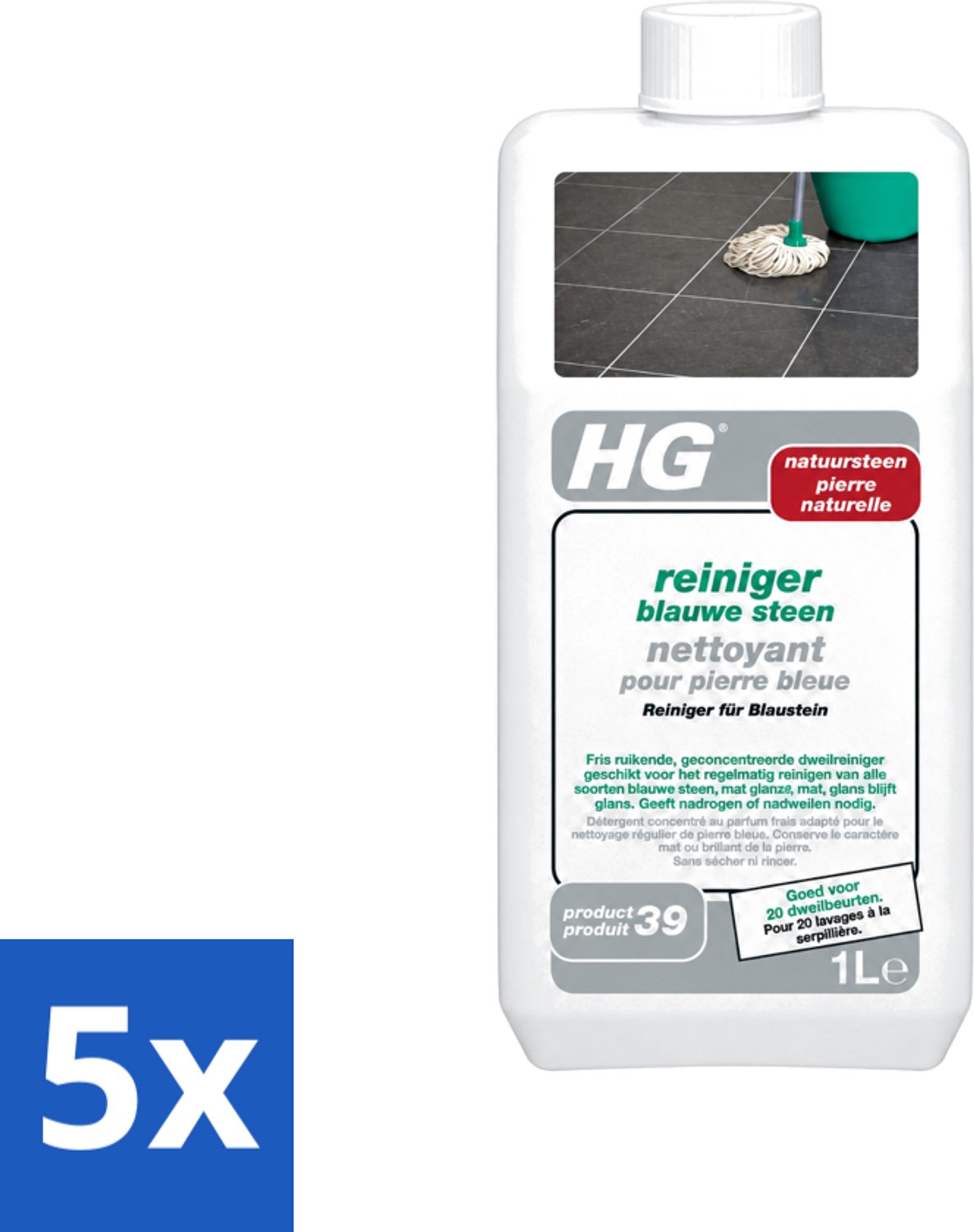 5 x HG - Blauwe Steen Reiniger - Reinigt Veilig & Streeploos - 20 Dweilbeurten - 1L - Voordeelverpakking - 5 stuks