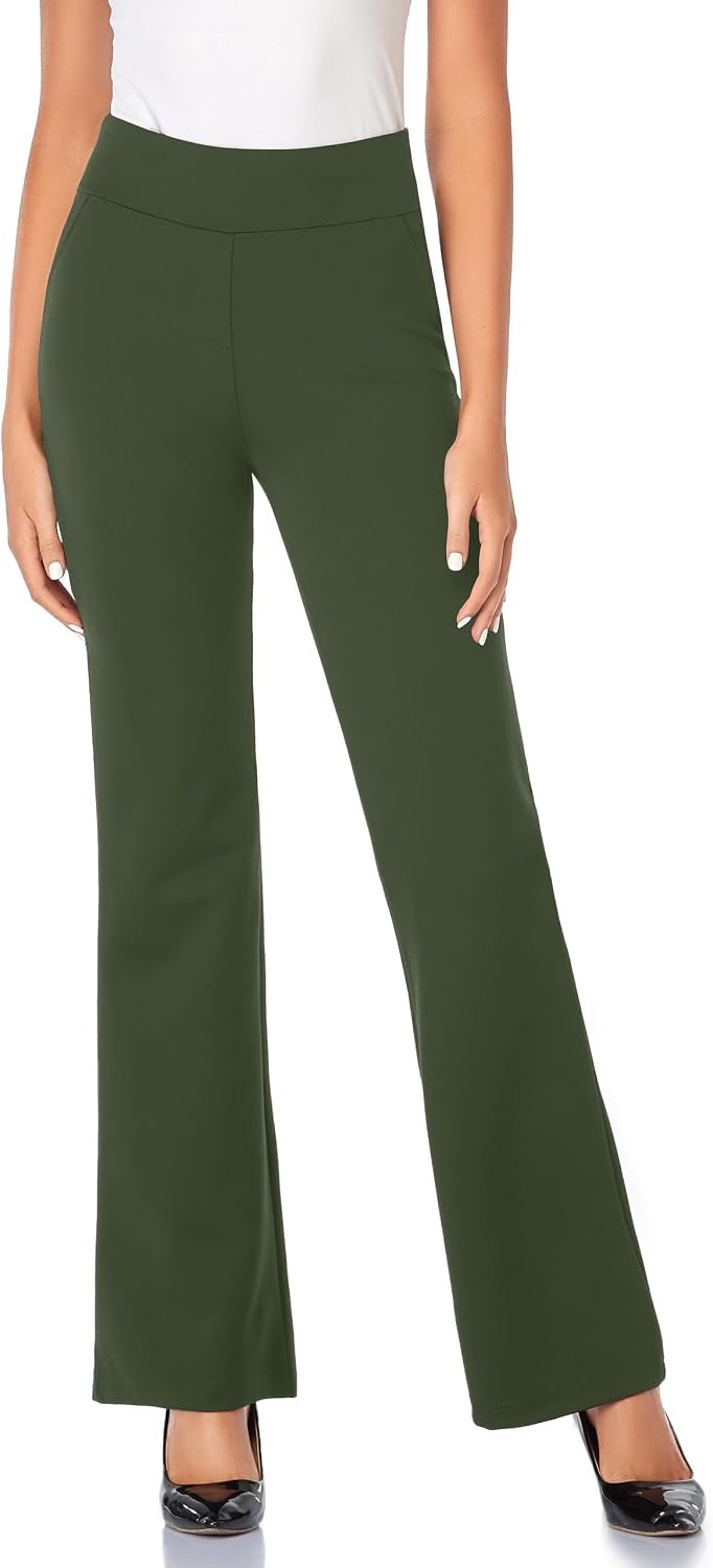 71cm/76cm/81cm/86cm Bootcut Stretch Broek Hoge Taille Dames Kantoorbroek Werkbroek Buikcontrole Lange Elegante Uitlopende Broek Casual Broek Yogabroek 81cm Olijf XXL