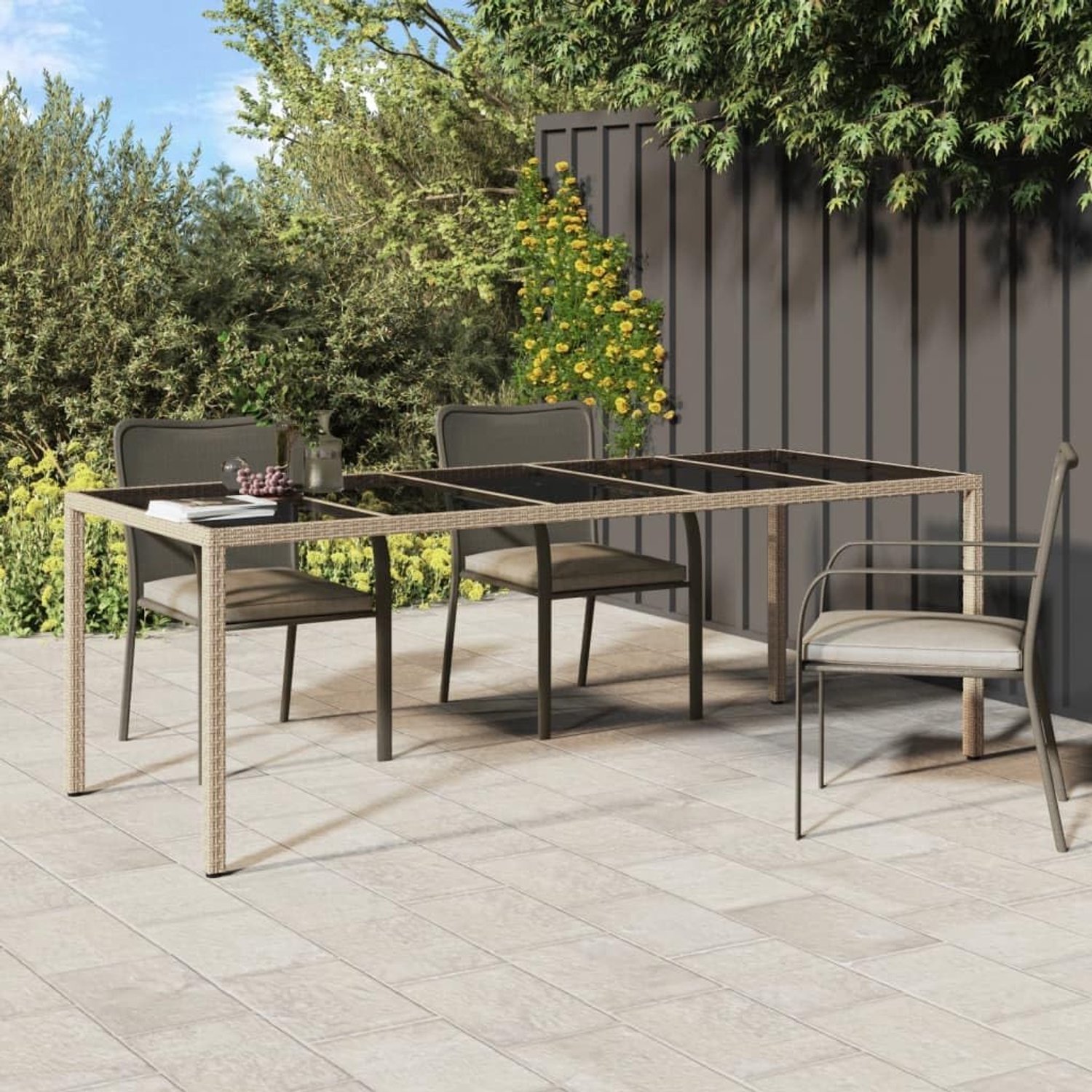 Tuinmeubeltafel, terrastafel, balkontafel, tuintafel, beige, 250 x 100 x 75 cm, gehard glas en polyrotan voor gazons, tuinen, terrassen