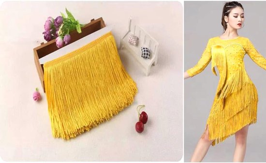 10 cm x 5 m franje boord, franjelint decoratielint dansfranjes, snijfranjes, zijden kwast, franjes, linten om te naaien, doe-het-zelf knutselen, kleding, lingerie, kostuums, gordijnen, decoratie, goud — afbeelding 2