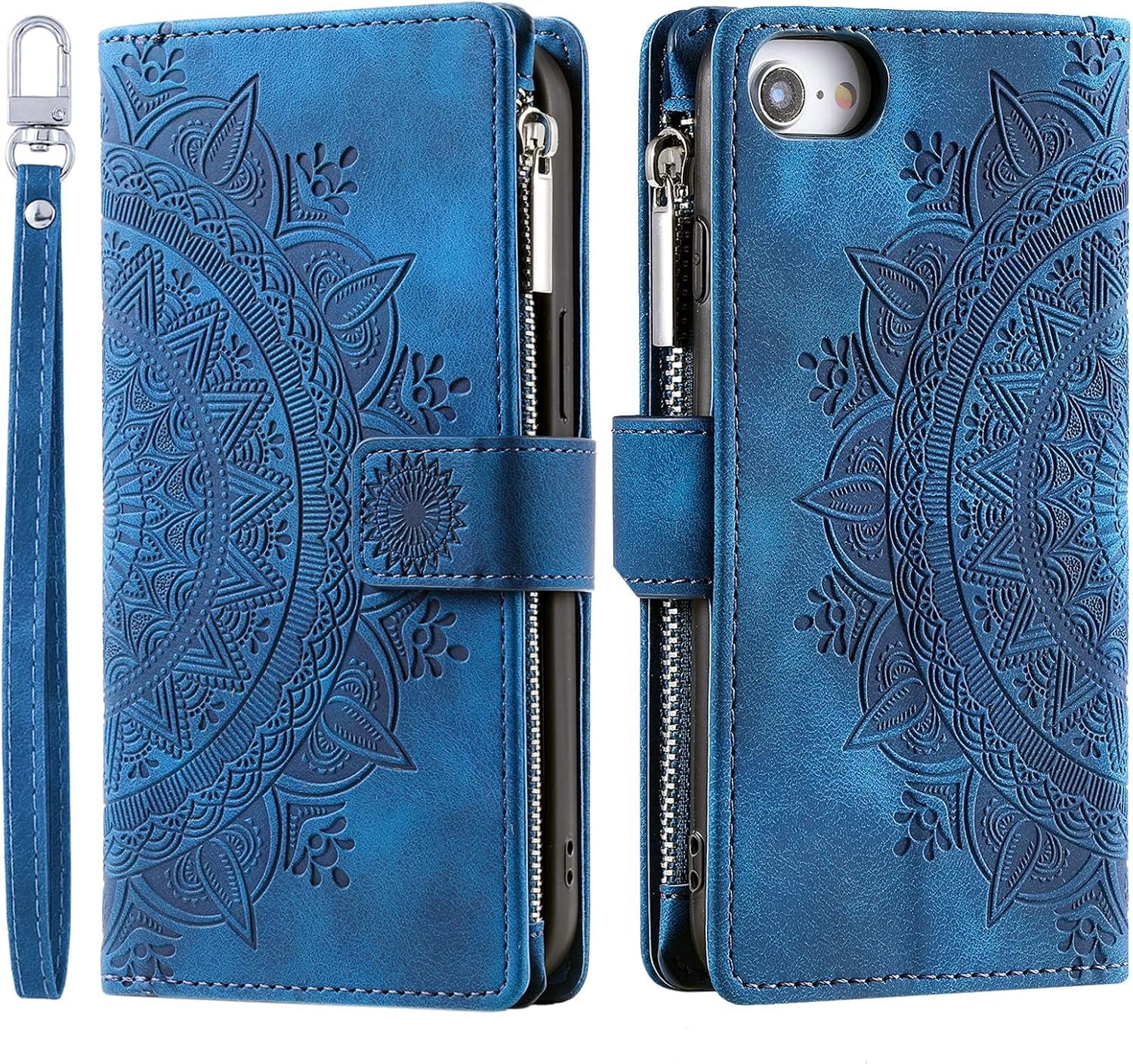 Hoes voor mobiele telefoon voor iPhone SE 2022/2020, iPhone 7/8, klaphoes met bloemenvak, beschermhoes, klaphoes, met kaartenvak, telefoonhoes, bookcover, flip case, standaard, blauw