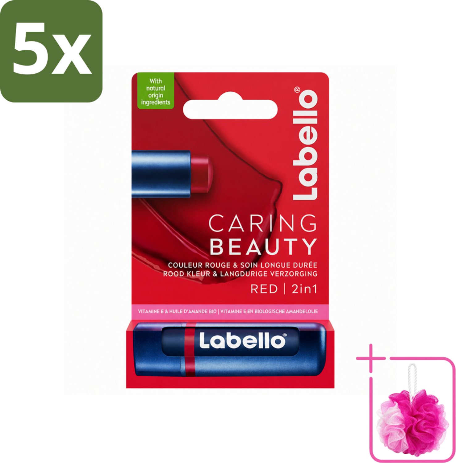 5 x Labello –Lippenbalsem – Caring Beauty Red – 5,5 ml - Bulkverpakking - Lippenbalsem - Douchemop - Verzorging