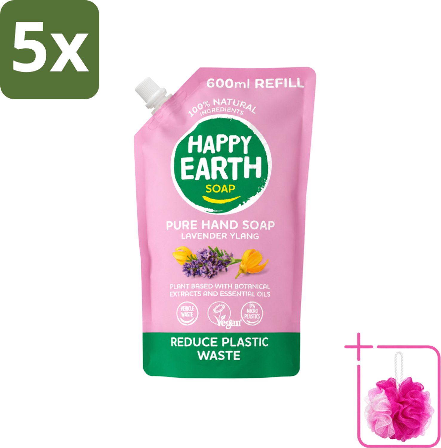 5 x Happy Earth – Handzeep Navulling – 100% Natuurlijk Lavender Ylang – 600 ml - Bulkverpakking - Natuurlijke handzeep - Douchemop - Navulverpakking