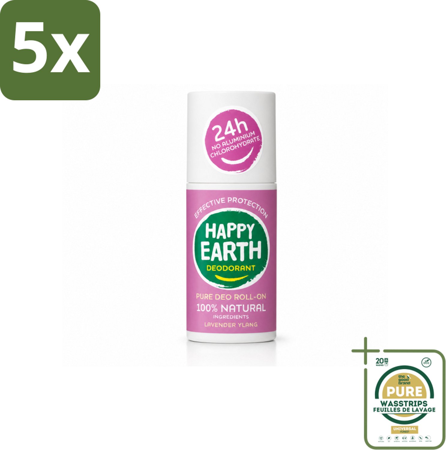5 x Happy Earth – Deodorant Roll-On – 100% Natuurlijk Lavender Ylang – 75 ml - Wasstrips - Natuurlijke Deodorant - Roll-on Deodorant - Lavendel Geur - Ylang-ylang Geur - Huidvriendelijk