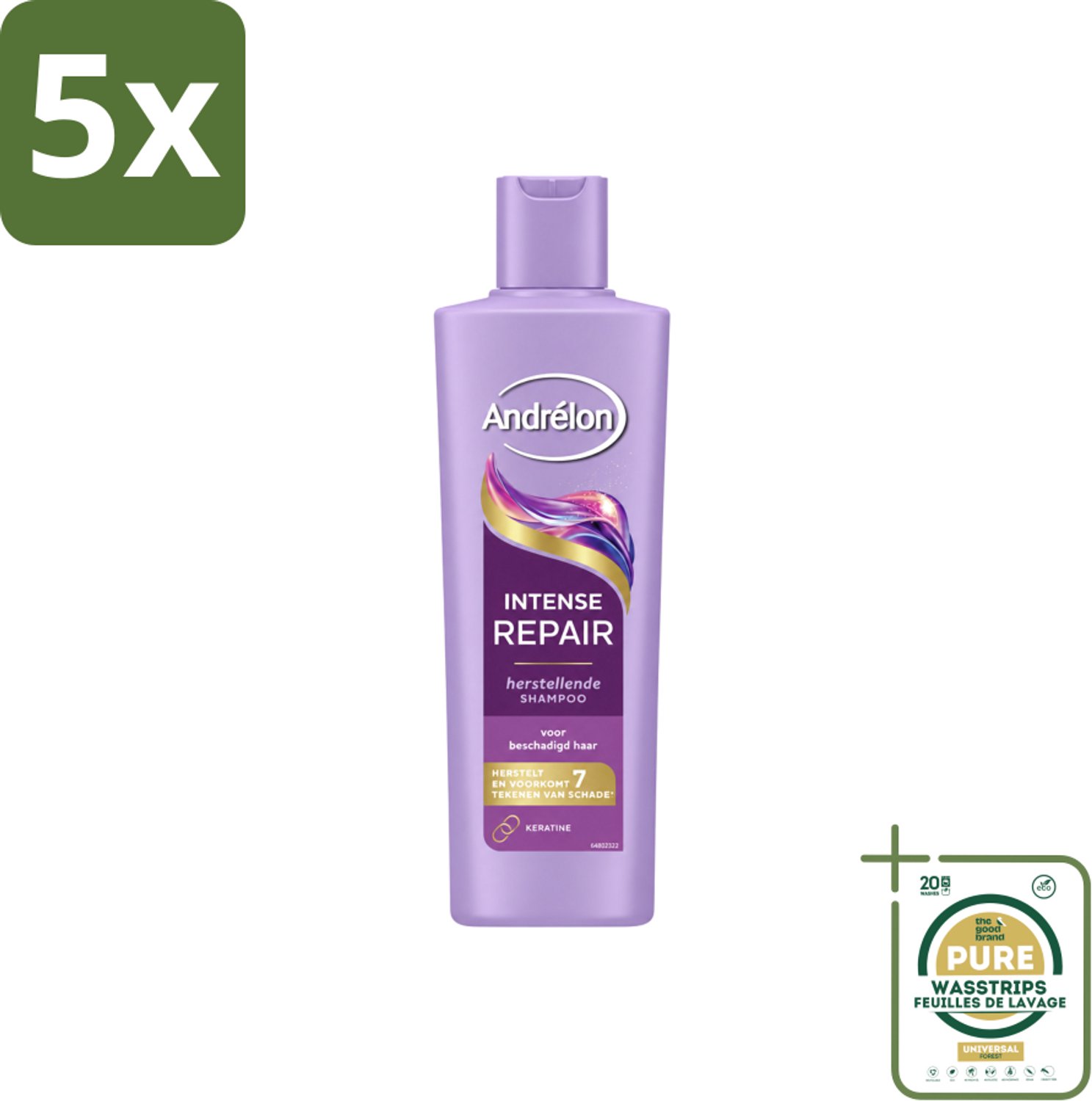 5 x Andrélon – Shampoo – Intense Repair – 250 ml - Wasstrips - Haar Herstellen - Beschadigd Haar - Keratine Shampoo - Haar Beschermen - Haar Herstel