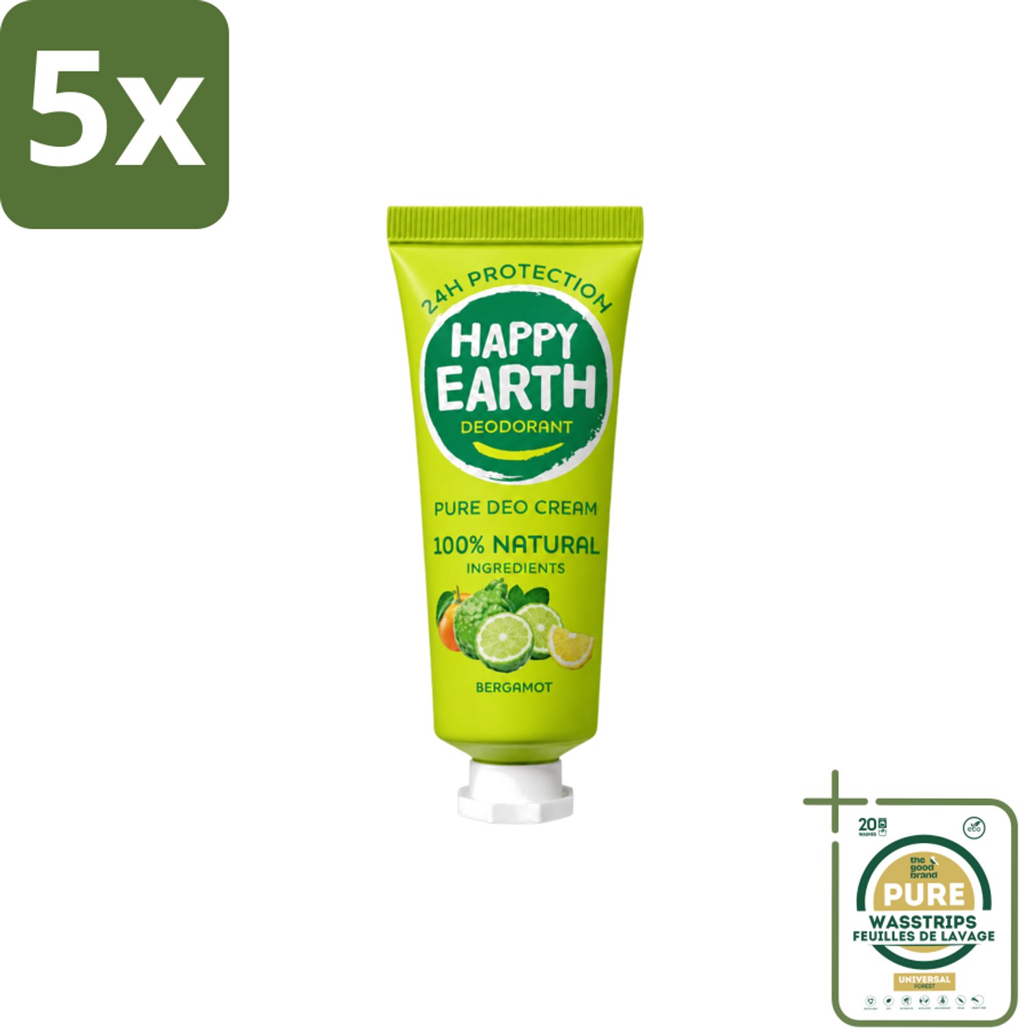 5 x Happy Earth – Deodorant Cream – 100% Natuurlijk Bergamot – 40 ml - Wasstrips - 100% Natuurlijk Deodorant - Bergamot Deodorant - Natuurlijke Deodorant Crème - Aluminiumvrij Deodorant - Vegan Deodorant