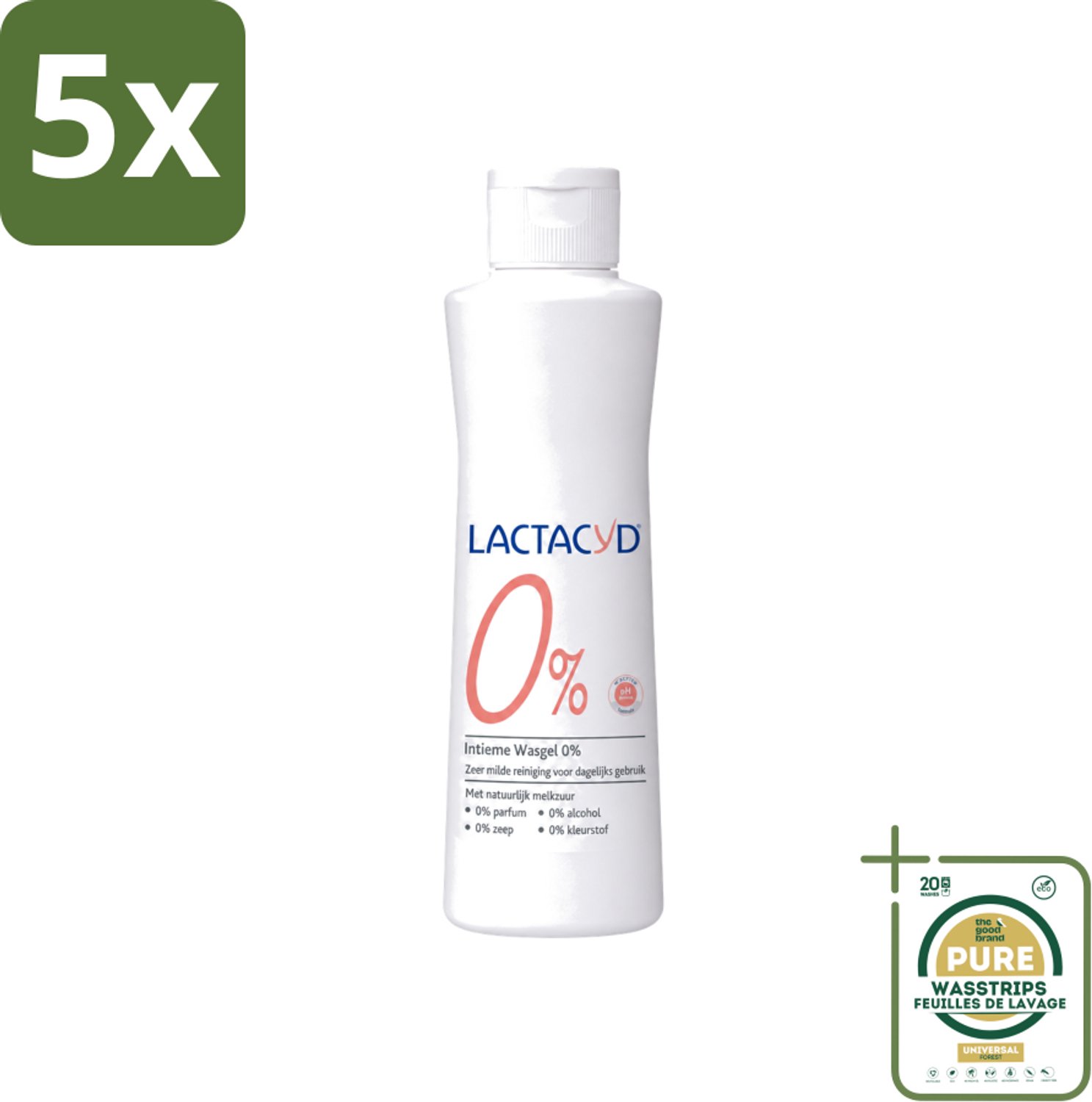 5 x Lactacyd – 0% – Milde Wasgel – 250 ml - Wasstrips - Intieme Wasgel - Gevoelige Huid - PH-vriendelijk - Zeepvrij - 0% Parfum