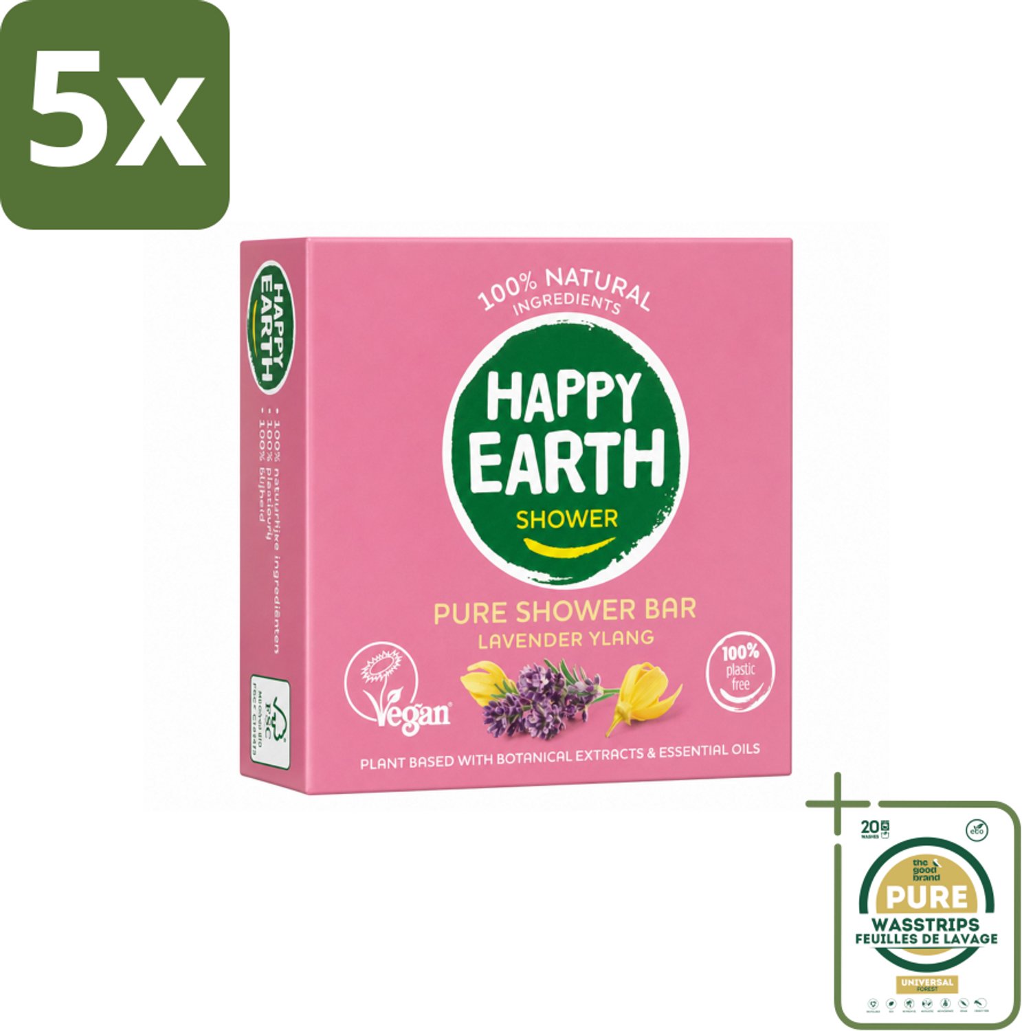 5 x Happy Earth – Shower Bar – 100% Natuurlijk Lavender Ylang – 90 g - Wasstrips - Douchen - Douchegel - Lavendel - Ylang-ylang - Natuurlijke Douchegel