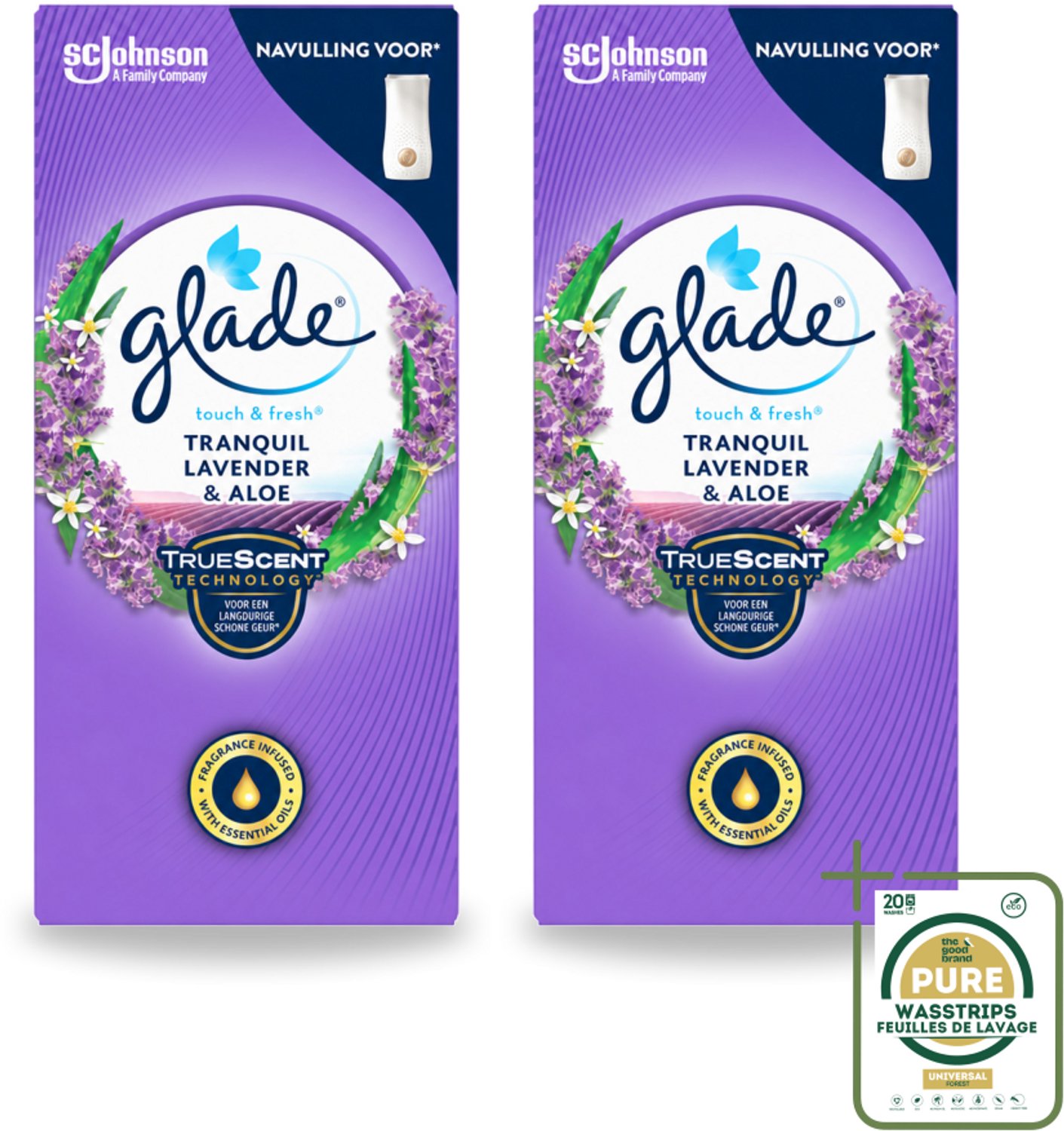 2 x Glade – Touch & Fresh Navulling – Tranquil Lavender & Aloe – 10 ml - Wasstrips - Luchtverfrisser - Lavendel Geur - Aloe Vera - Rustgevende Geur - Geurboost