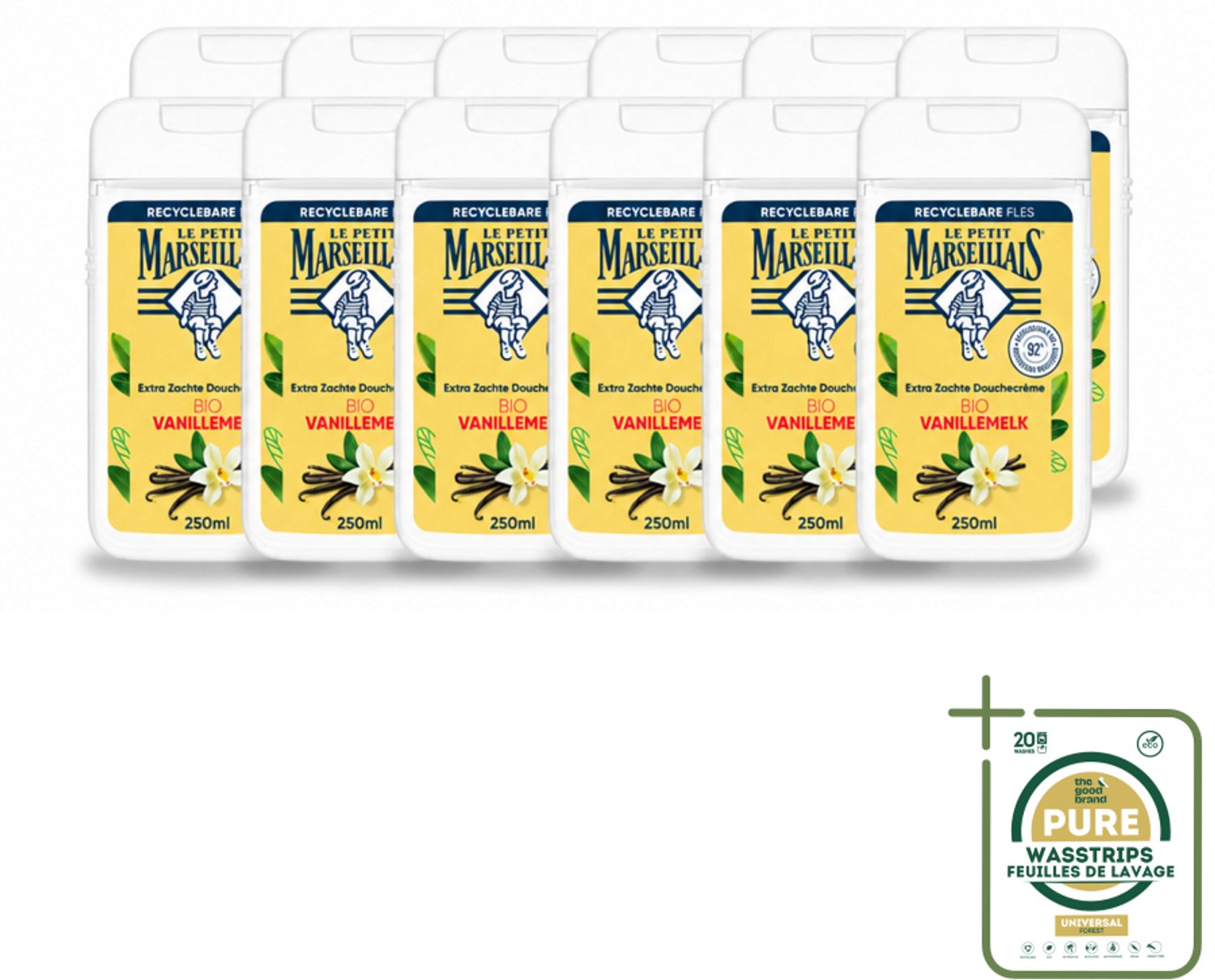 12 x Le Petit Marseillais – Douchecrème – Lait de Vanille Bio – Extra zacht – 250 ml - Wasstrips - Douchecrème - Vanille - Bio - Zachte Douchecrème - Huid Verzorging