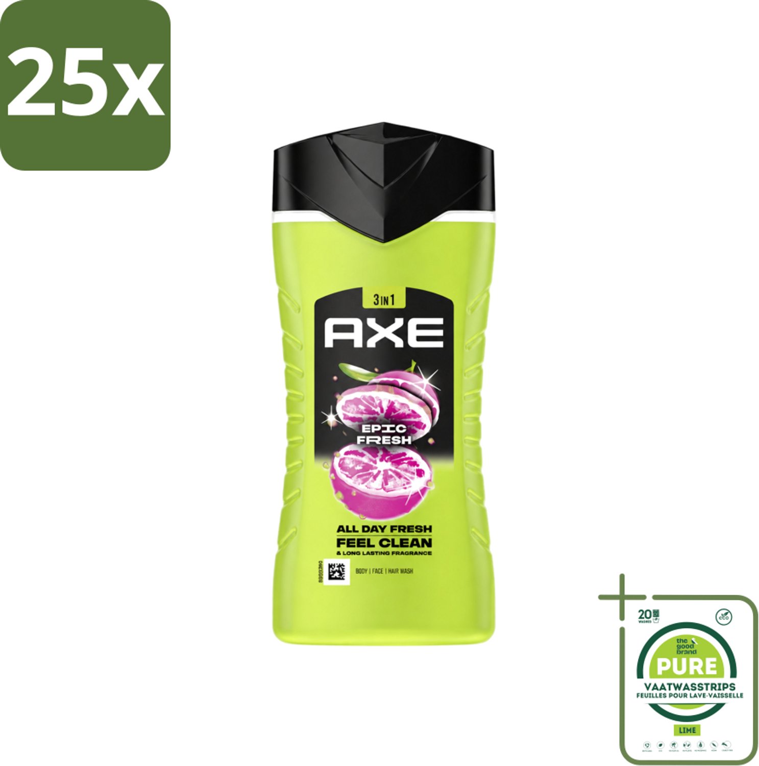 25 x Axe - 3-in-1 Douchegel - Epic Fresh - Grapefruit & Tropical Pineapple - Fresh Boost - 250 ml - Grootverpakking - Vaatwasstrips - Douchegel - Frisheid - Geur - Lichaam - Gezicht